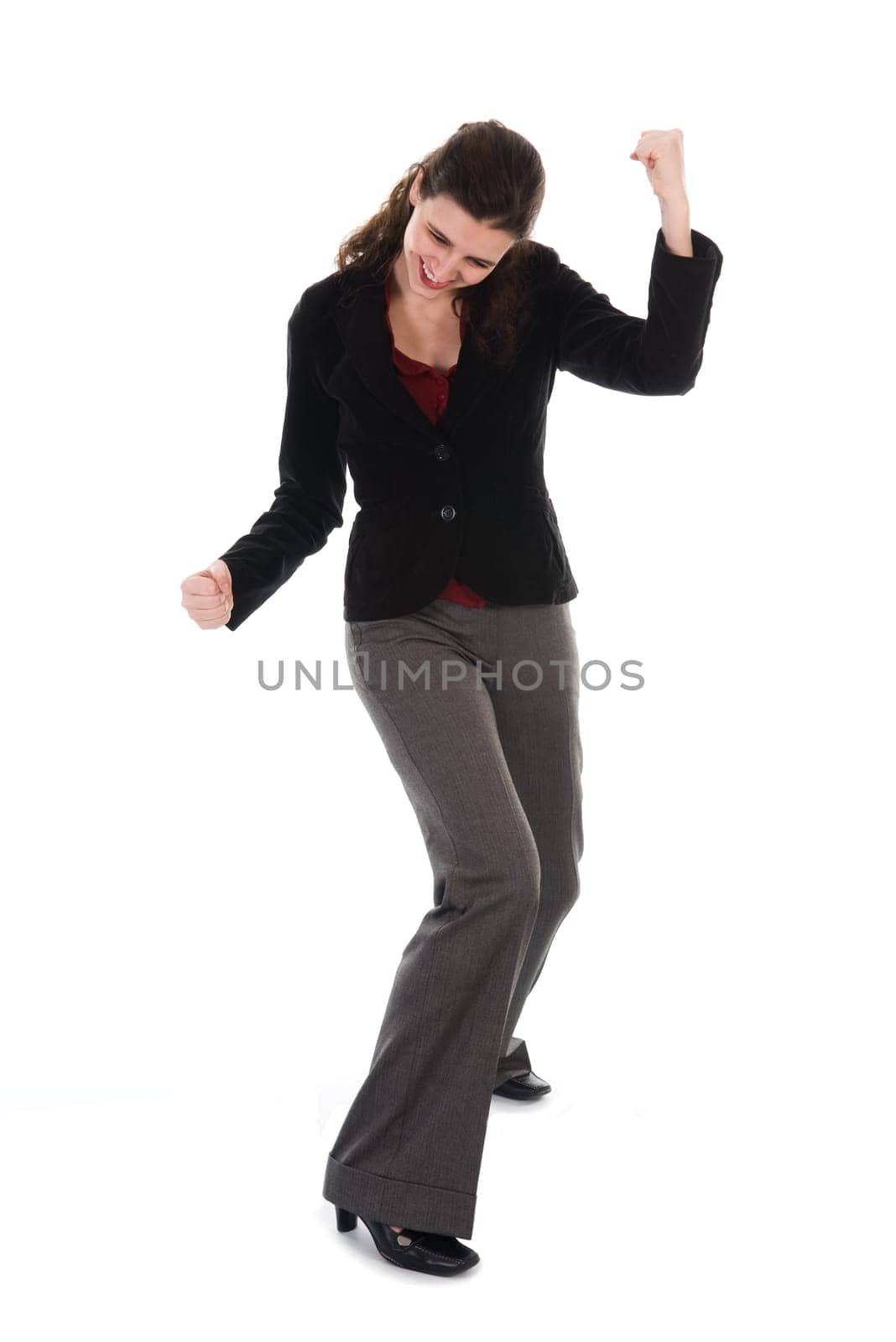 happy dancing business woman on a white background