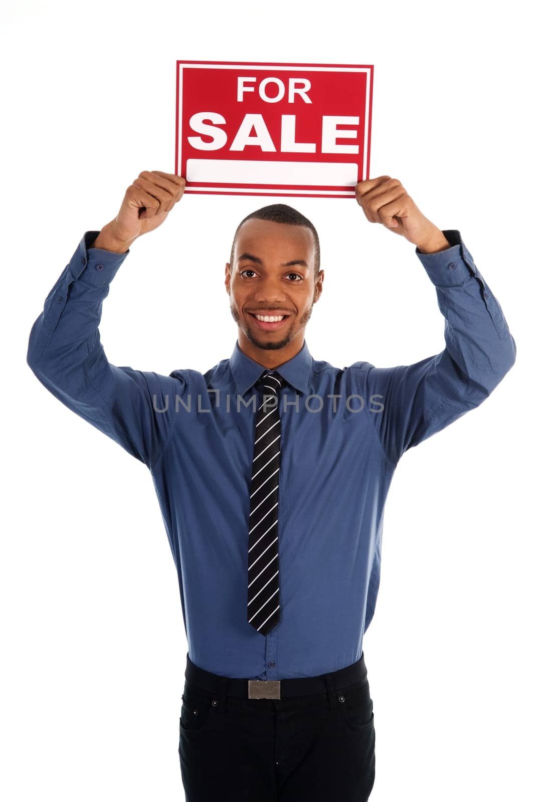 business man holding a red sign on white
