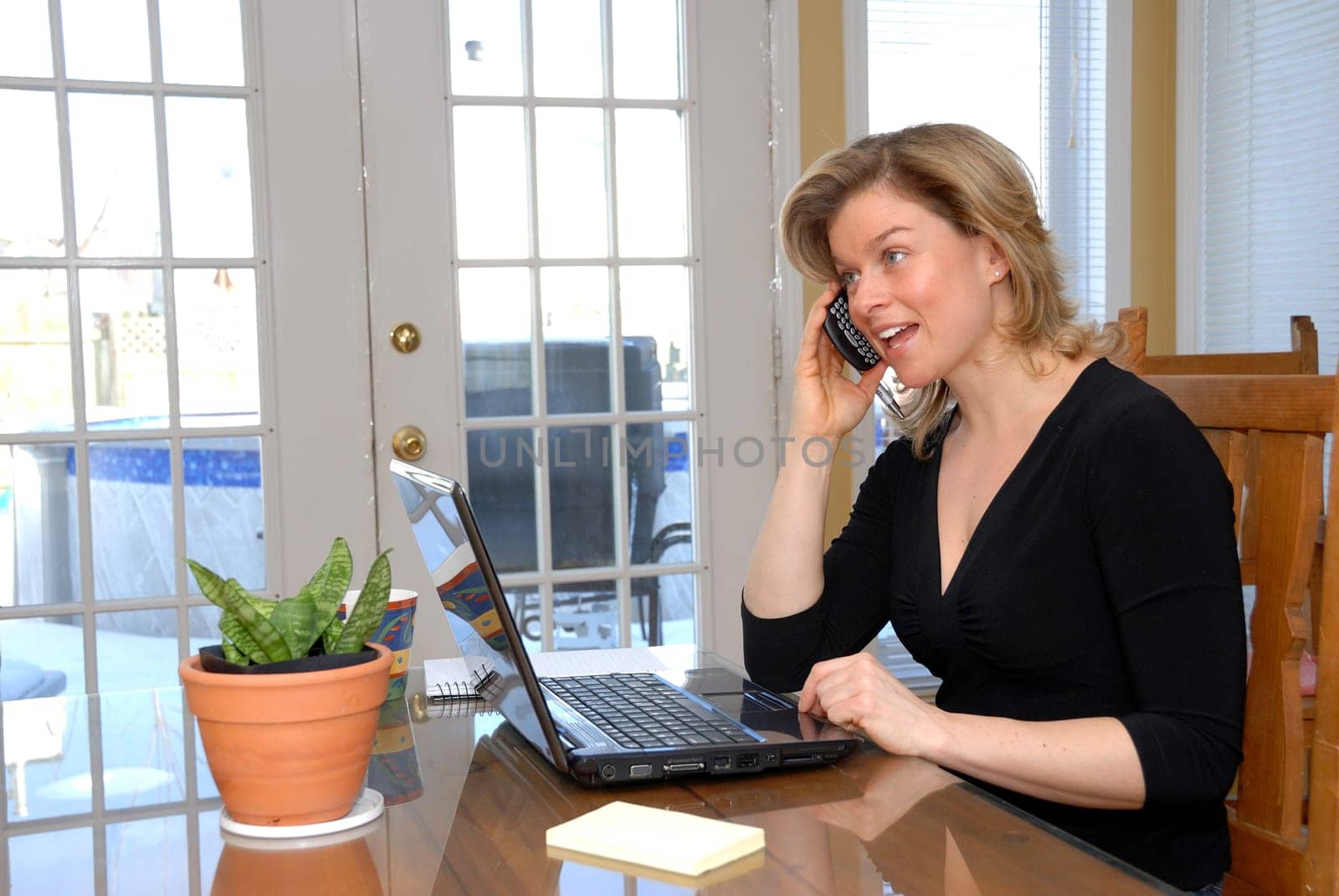 cute blond woman ion the phone with her laptop