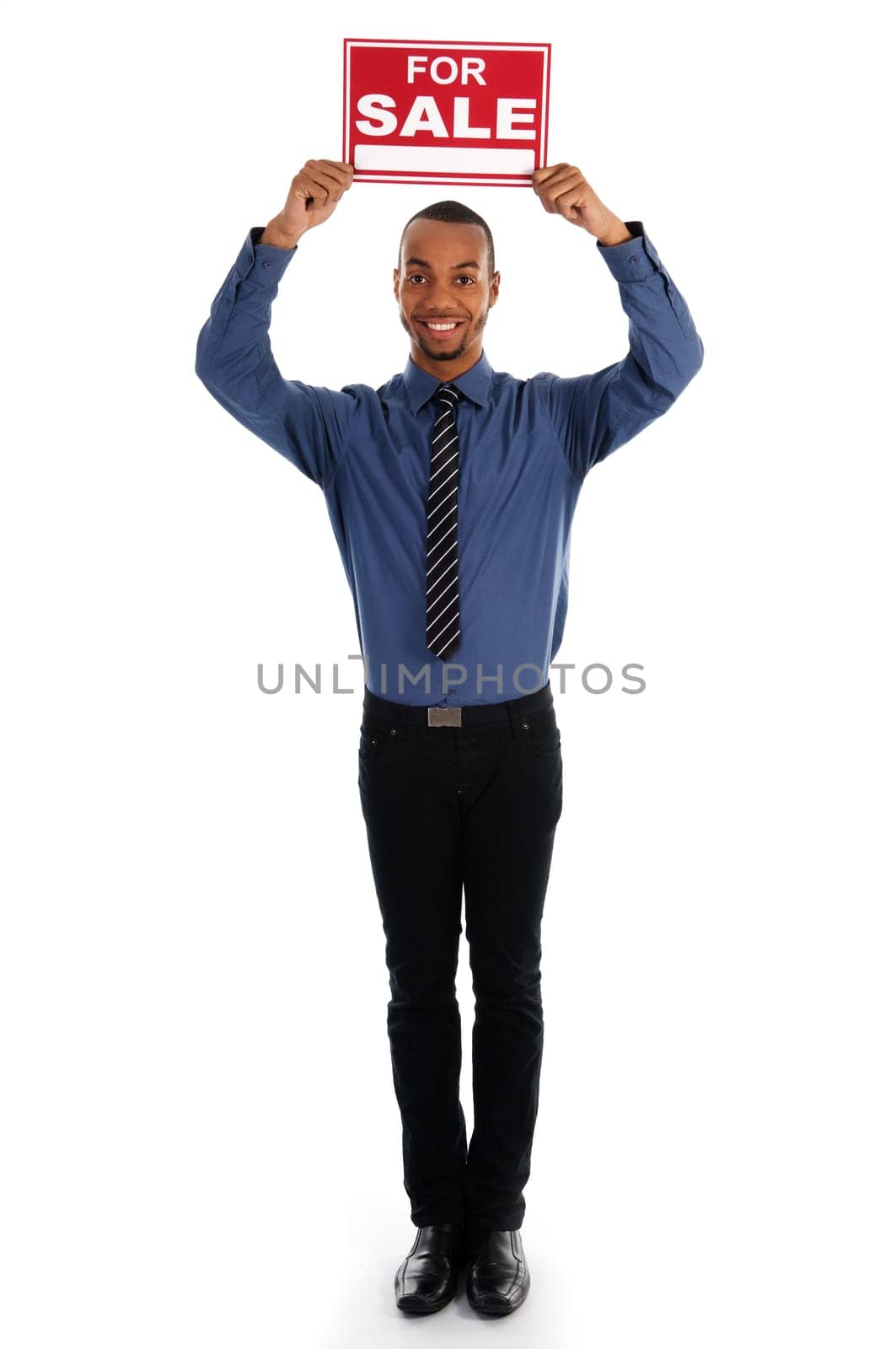 business man holding a red sign on white
