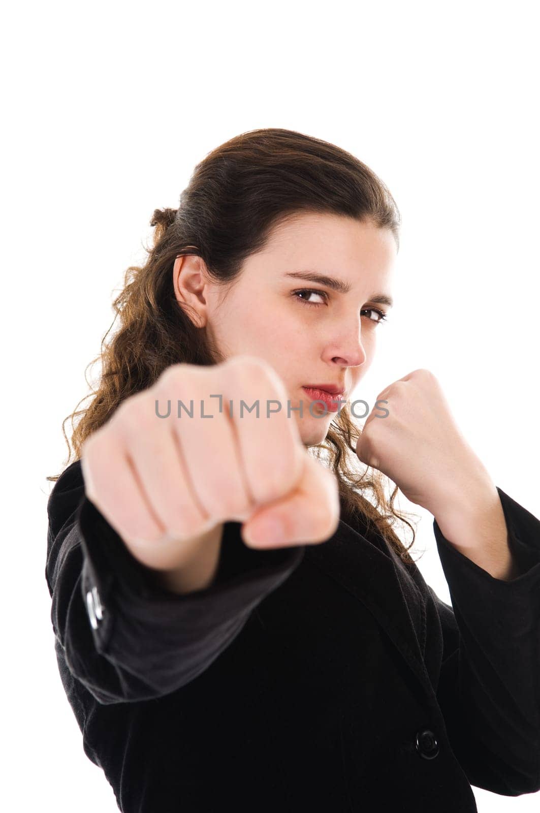 business woman on white getting into a fight