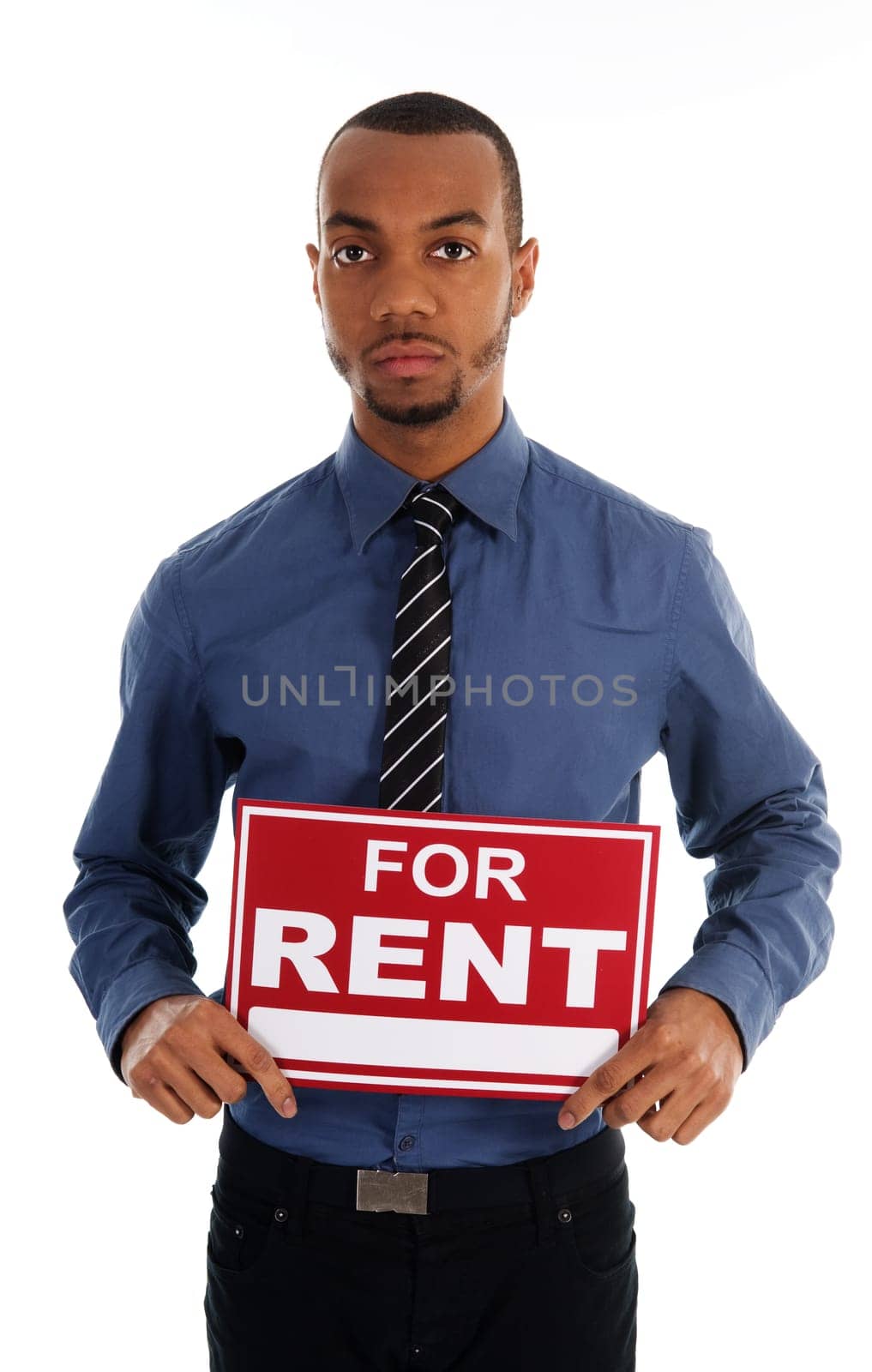 business man holding a red sign on white