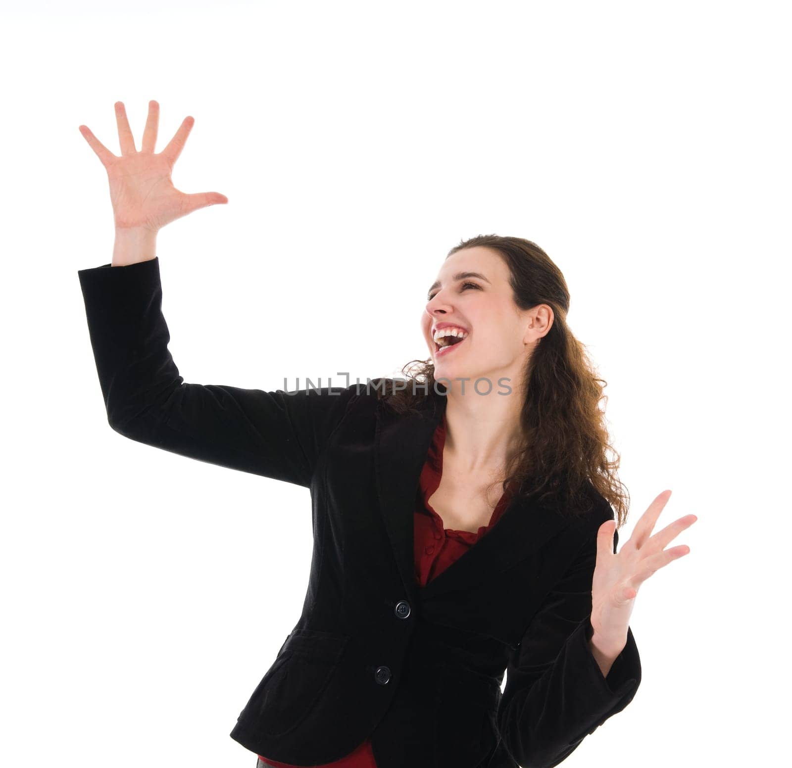 happy dancing business woman on a white background
