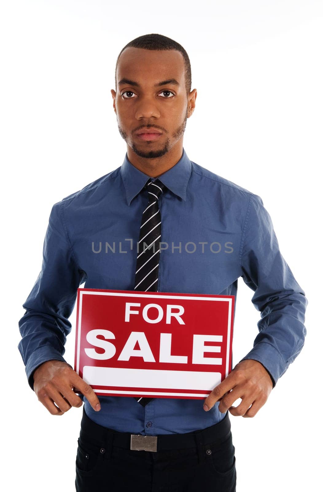 business man holding a red sign on white