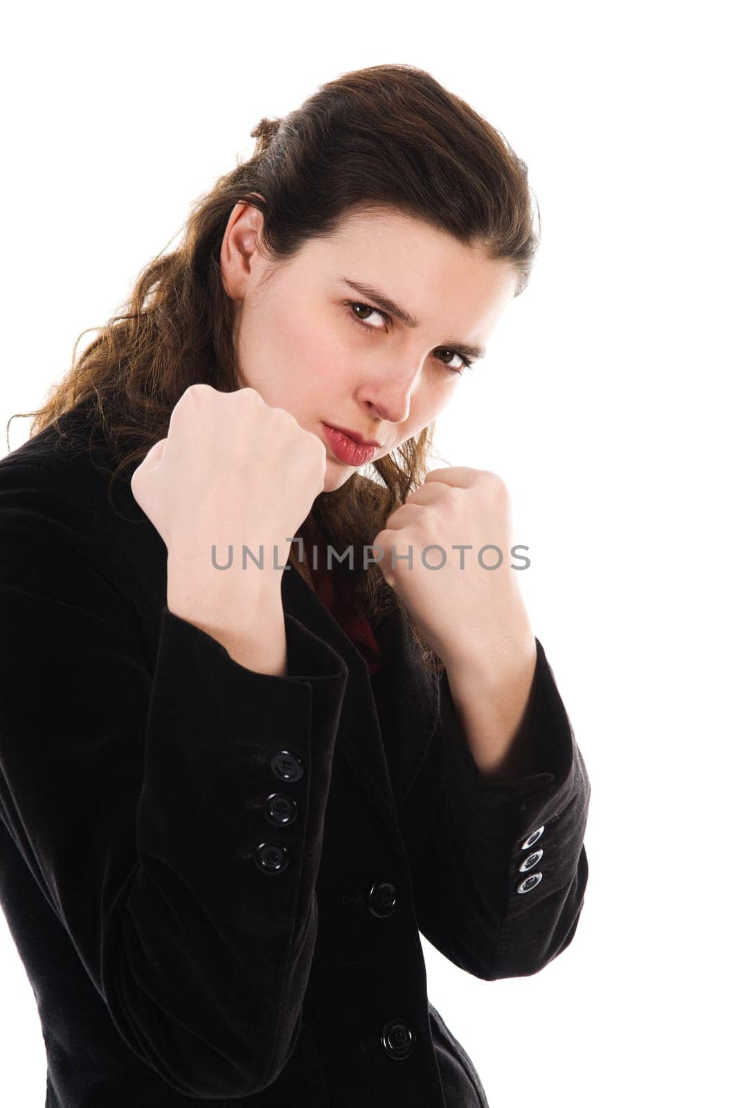 business woman on white getting into a fight