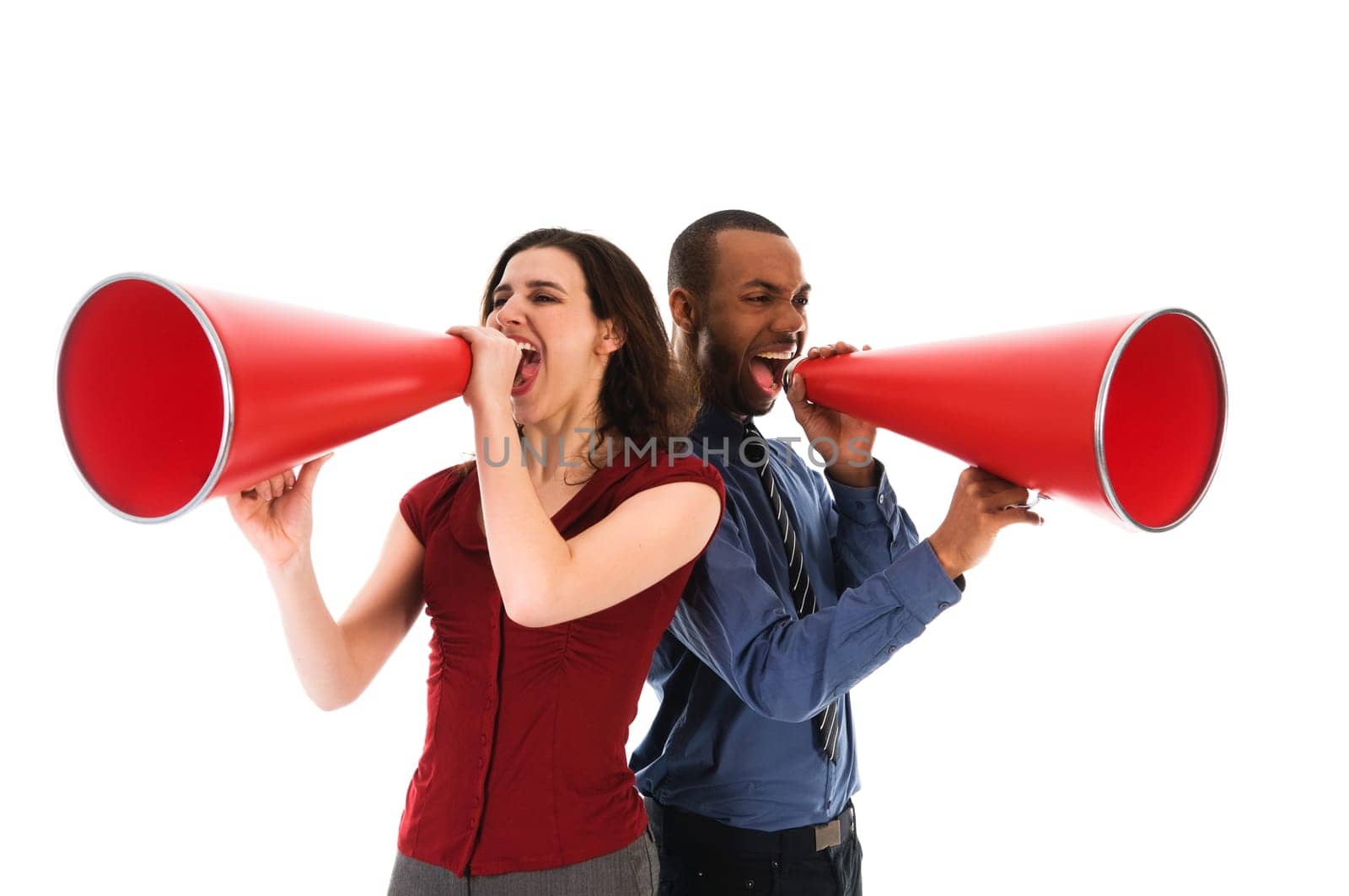 two business people on isolated white with red megaphones