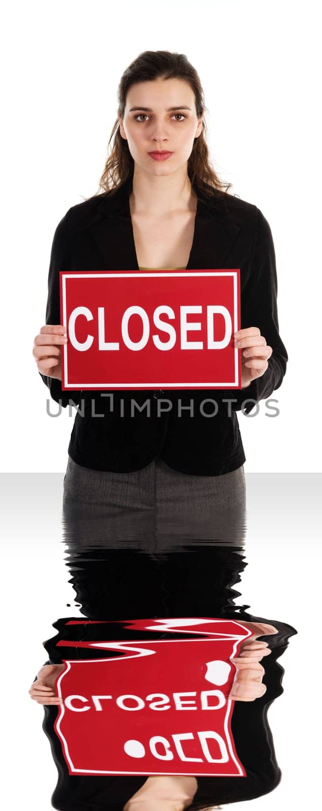 Business woman holding a red sign on white