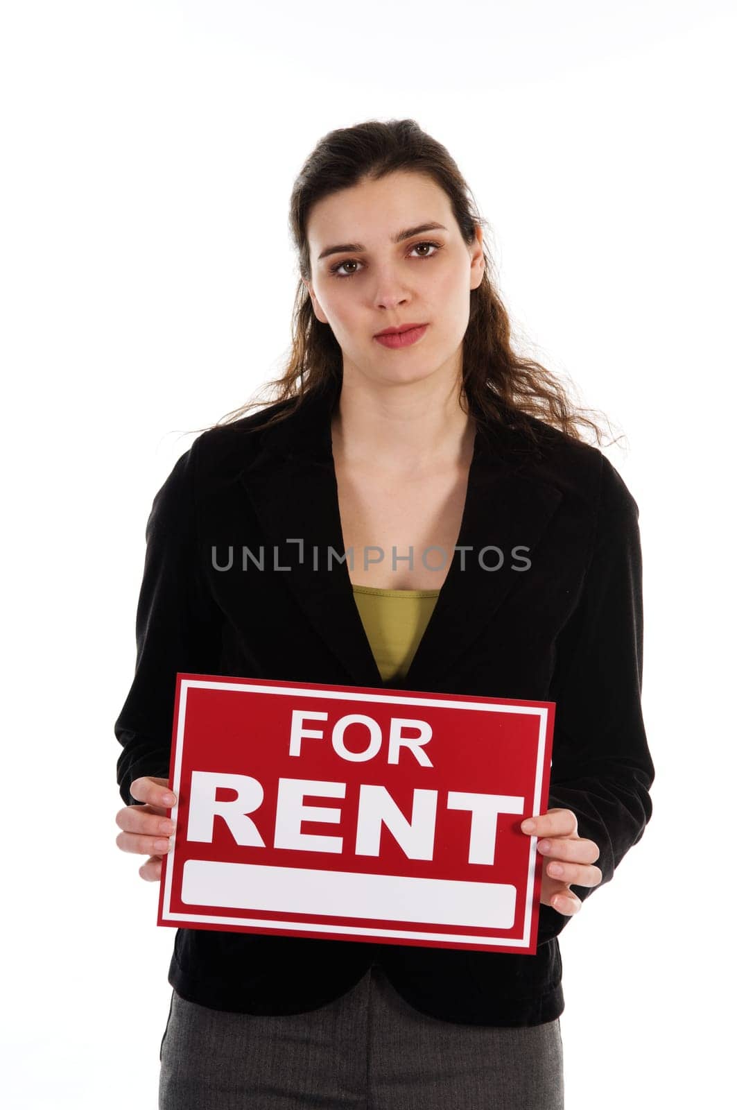 Business woman holding a red sign on white