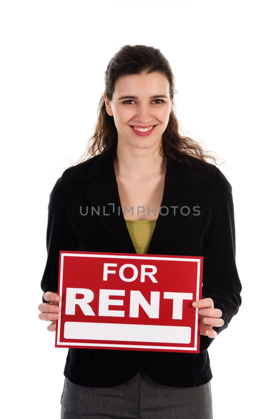 Business woman holding a red sign on white