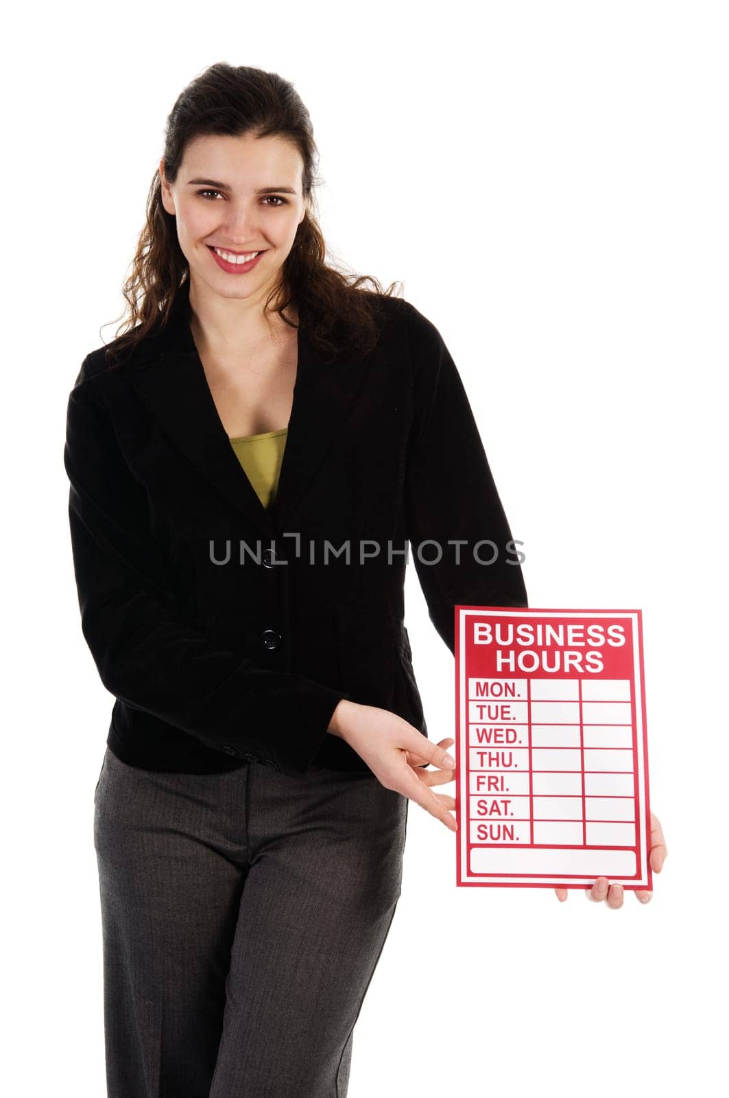 Business woman holding a red sign on white