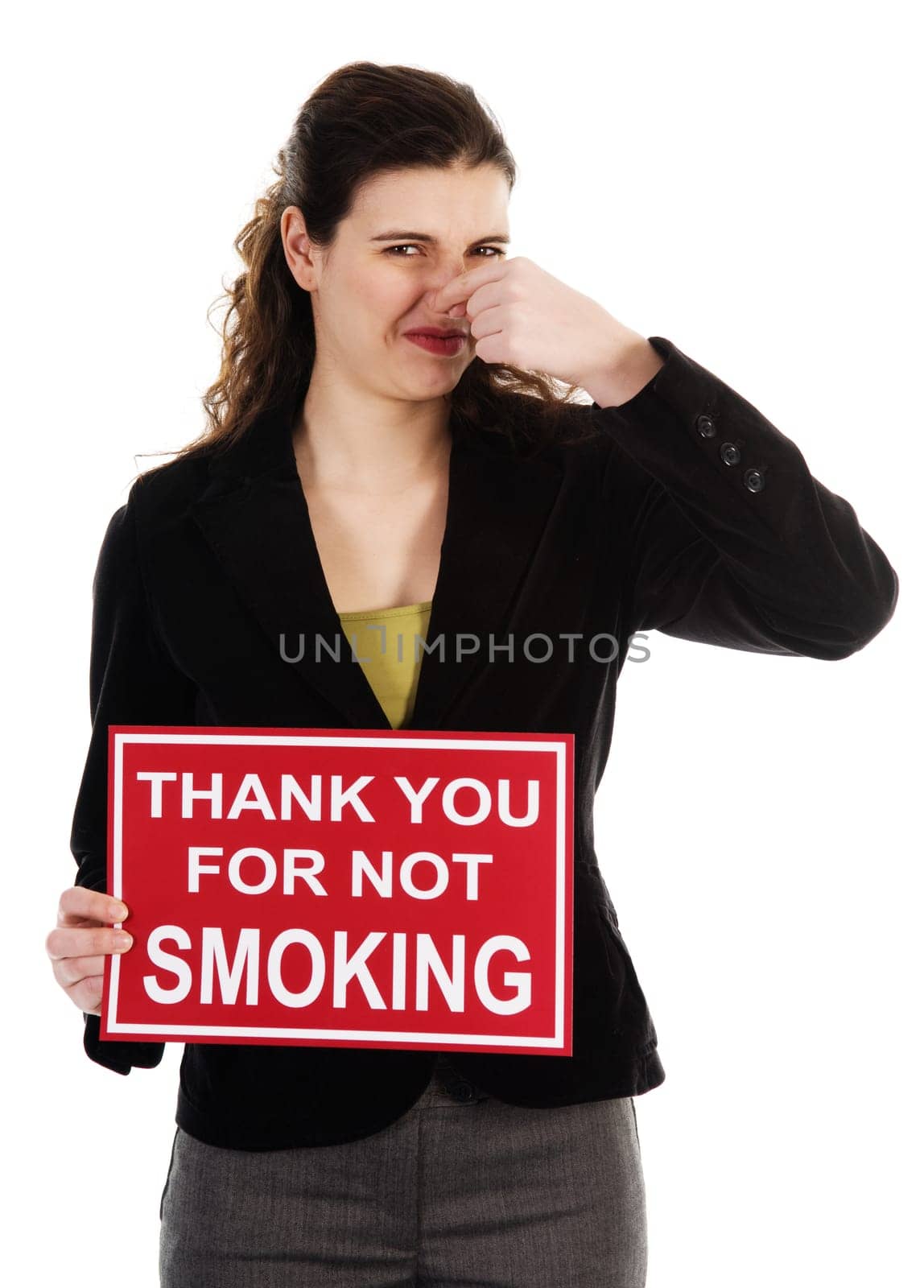 Business woman holding a red sign on white