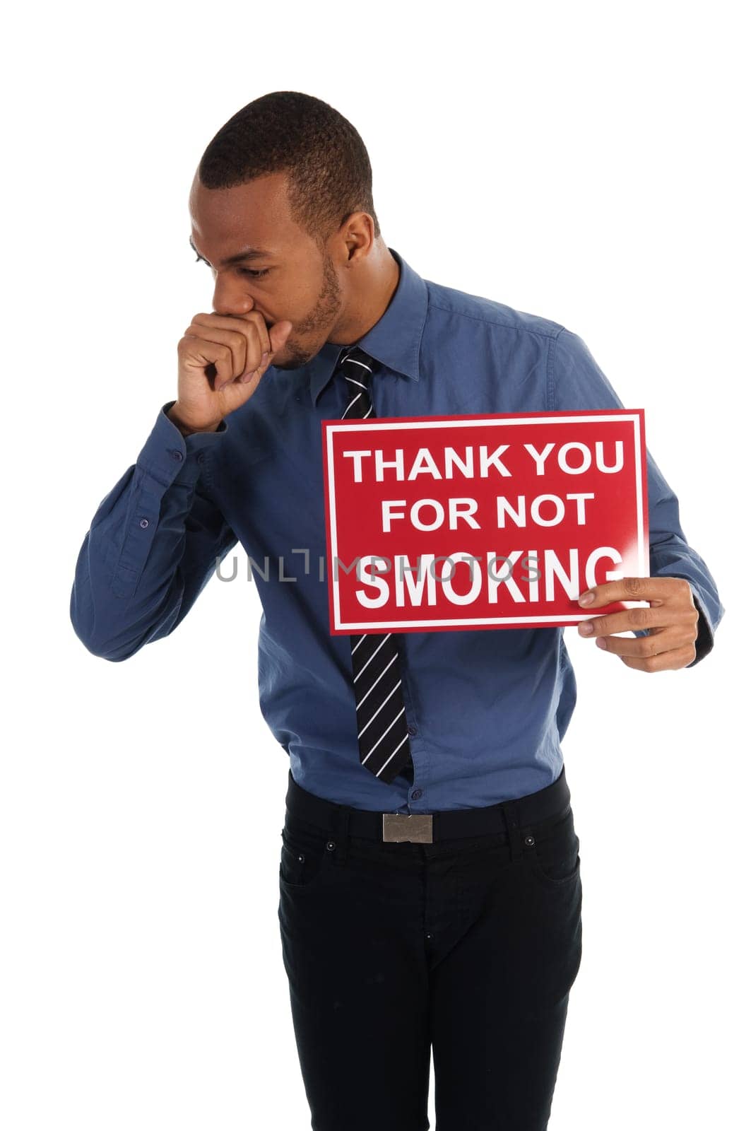 business man holding a red sign on white