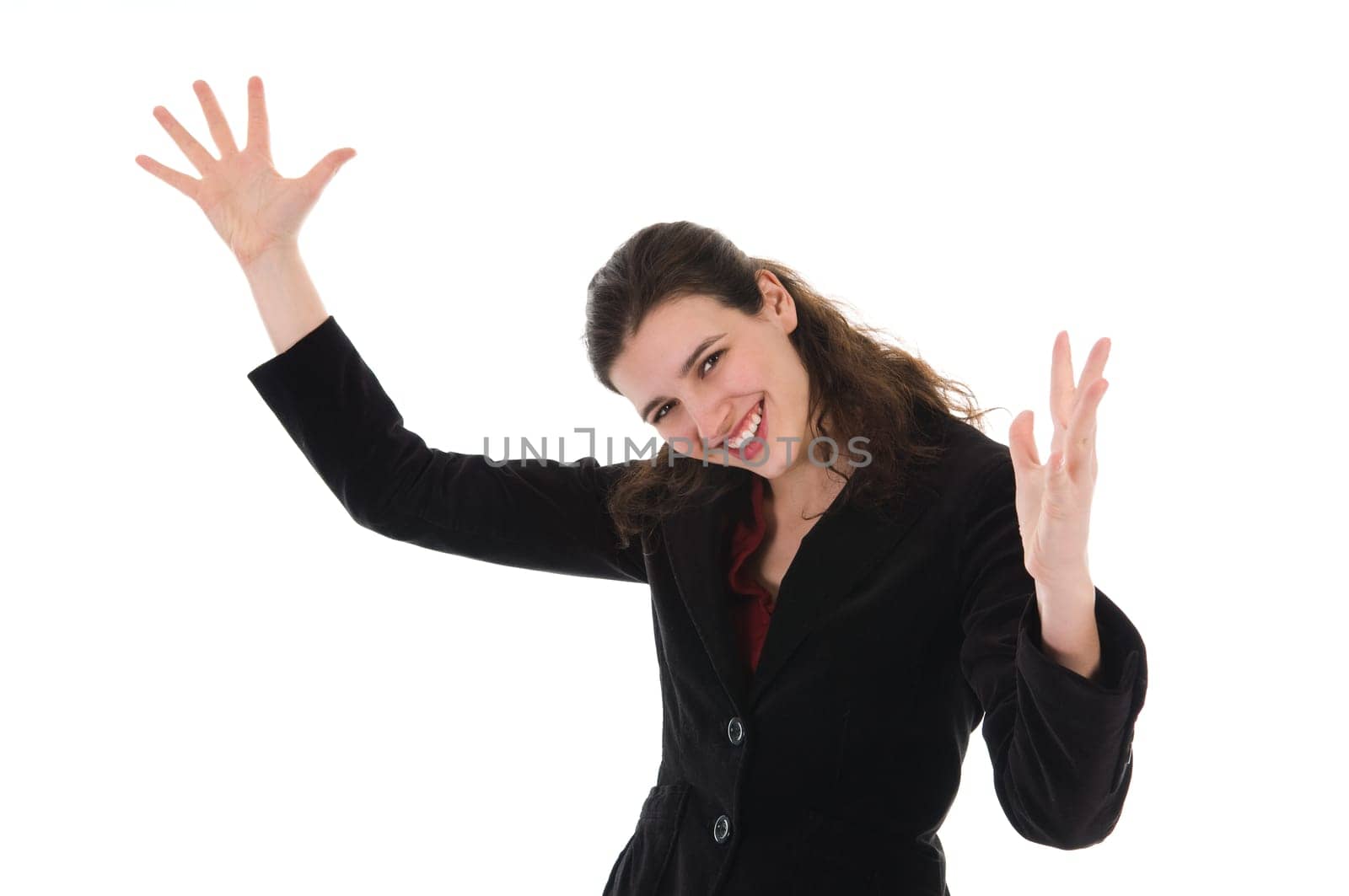 happy dancing business woman on a white background