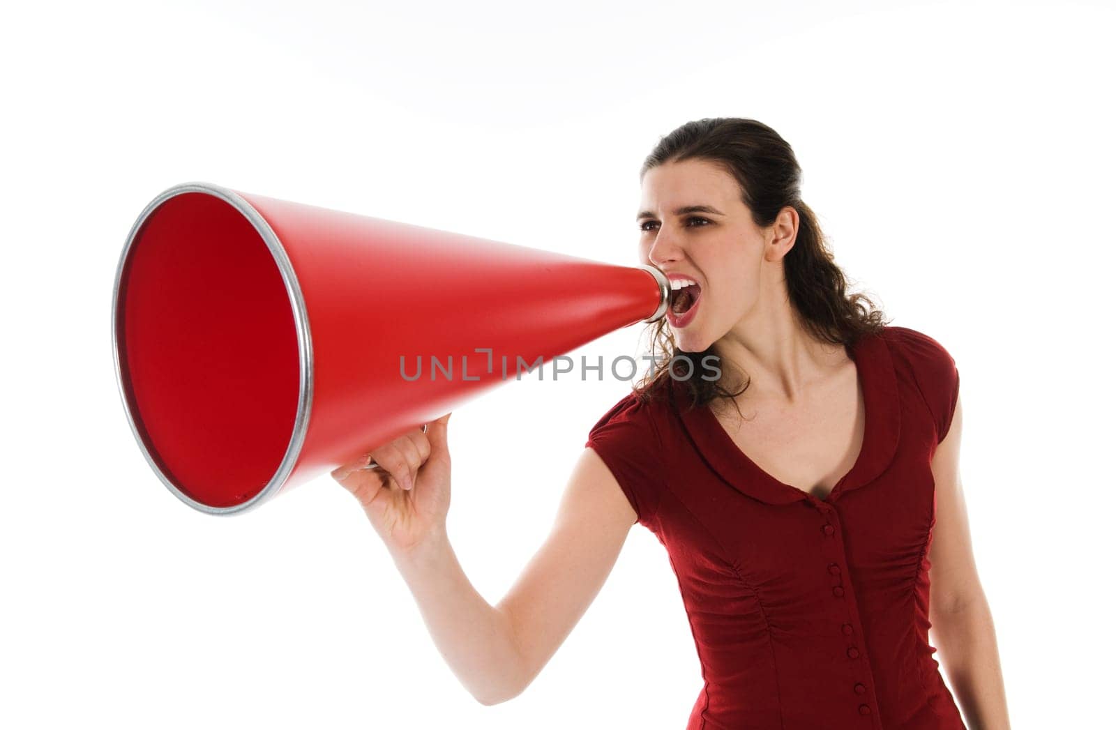 business woman with a red megaphone on white