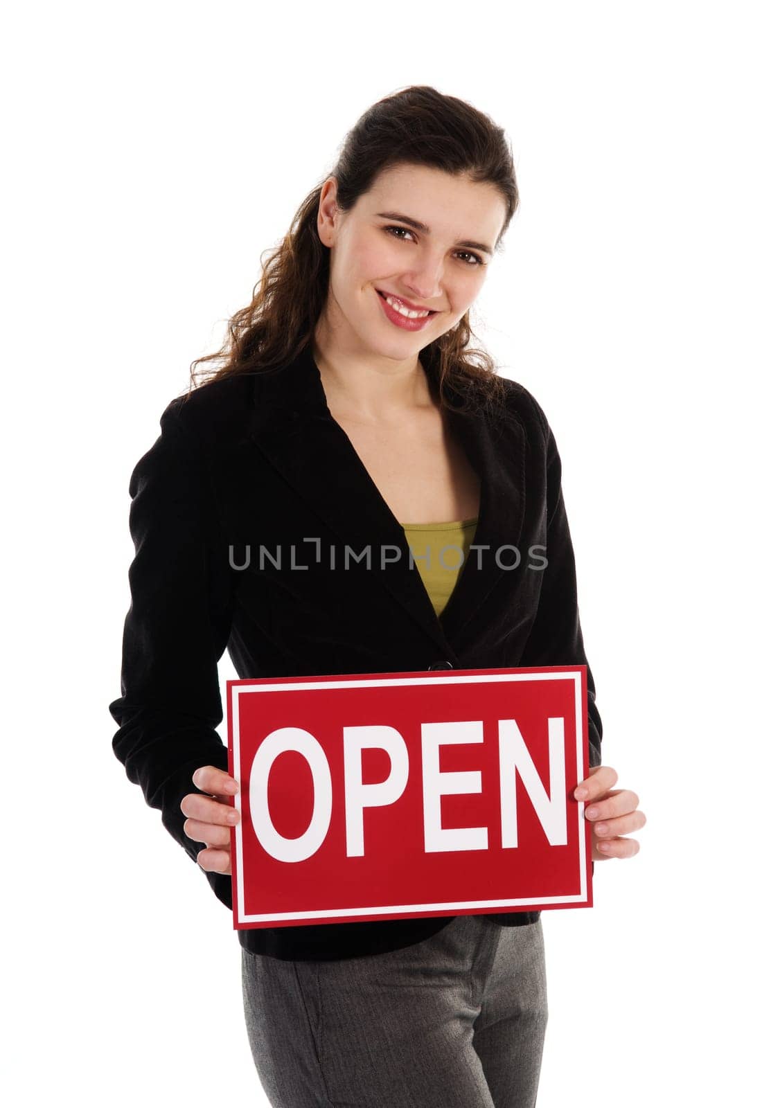 Business woman holding a red sign on white