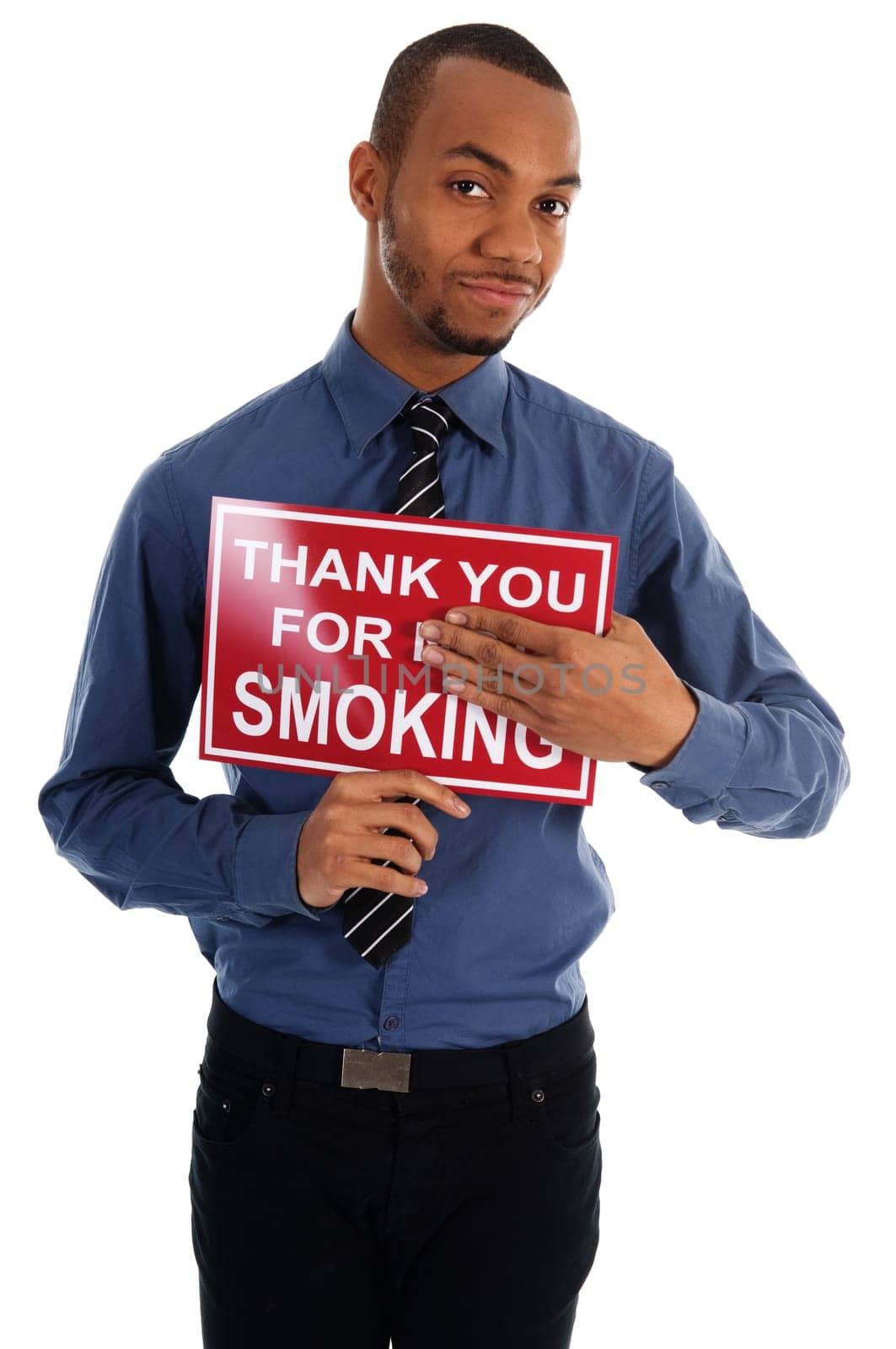 business man holding a red sign on white