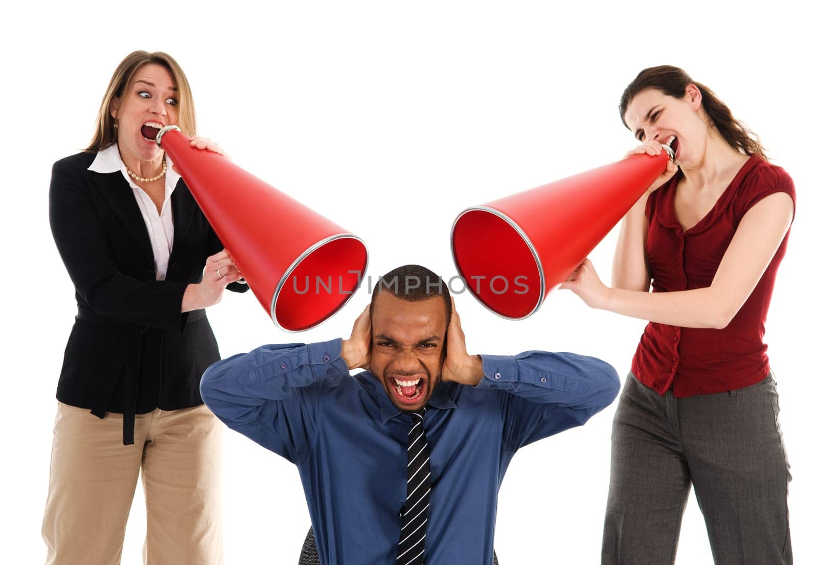 business people with megaphone harrassing colleague