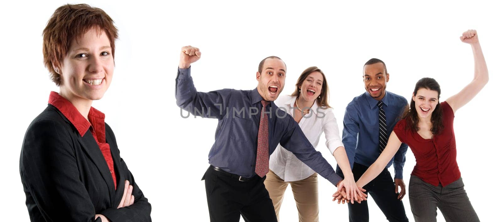 business people holding hands on a white background