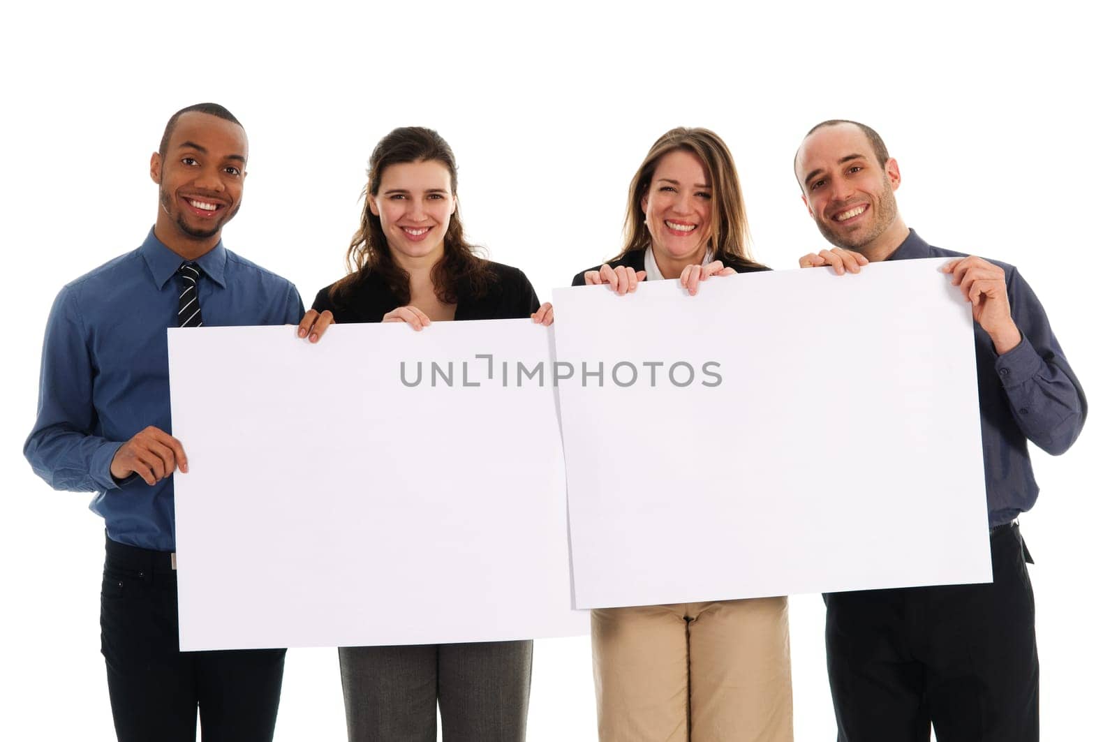 business people holding a white piece of cardboard