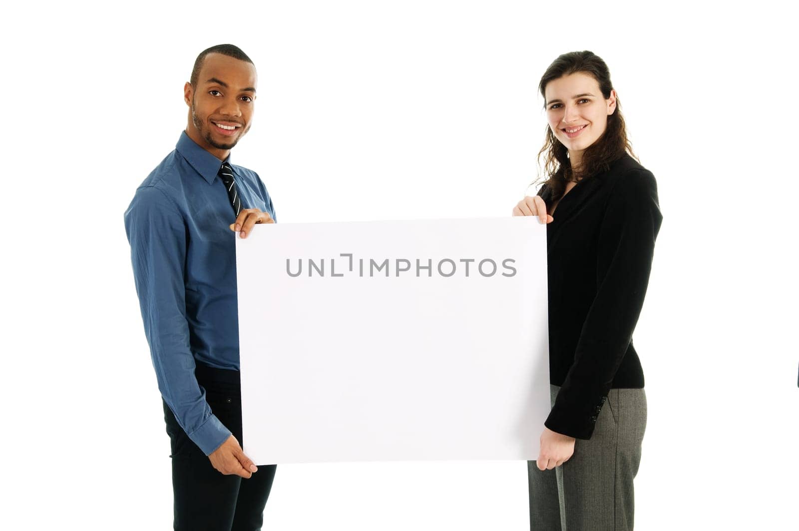 business people holding a white piece of cardboard