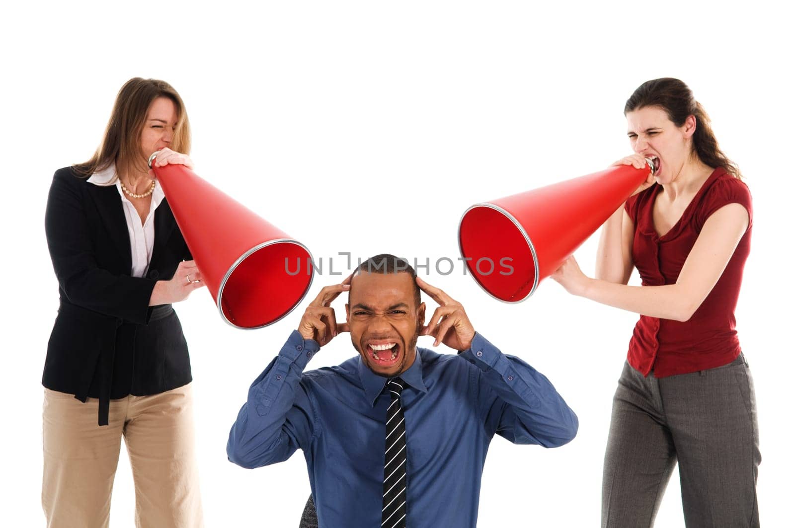 business people with megaphone harrassing colleague