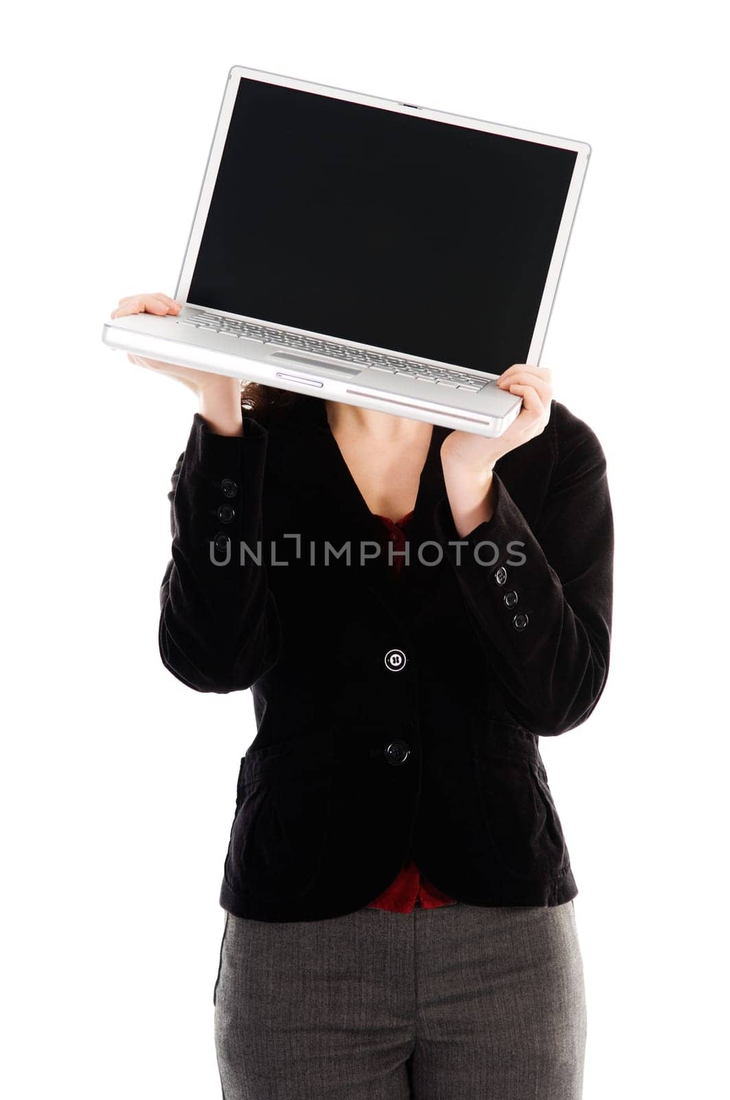 business person holding a laptop on white