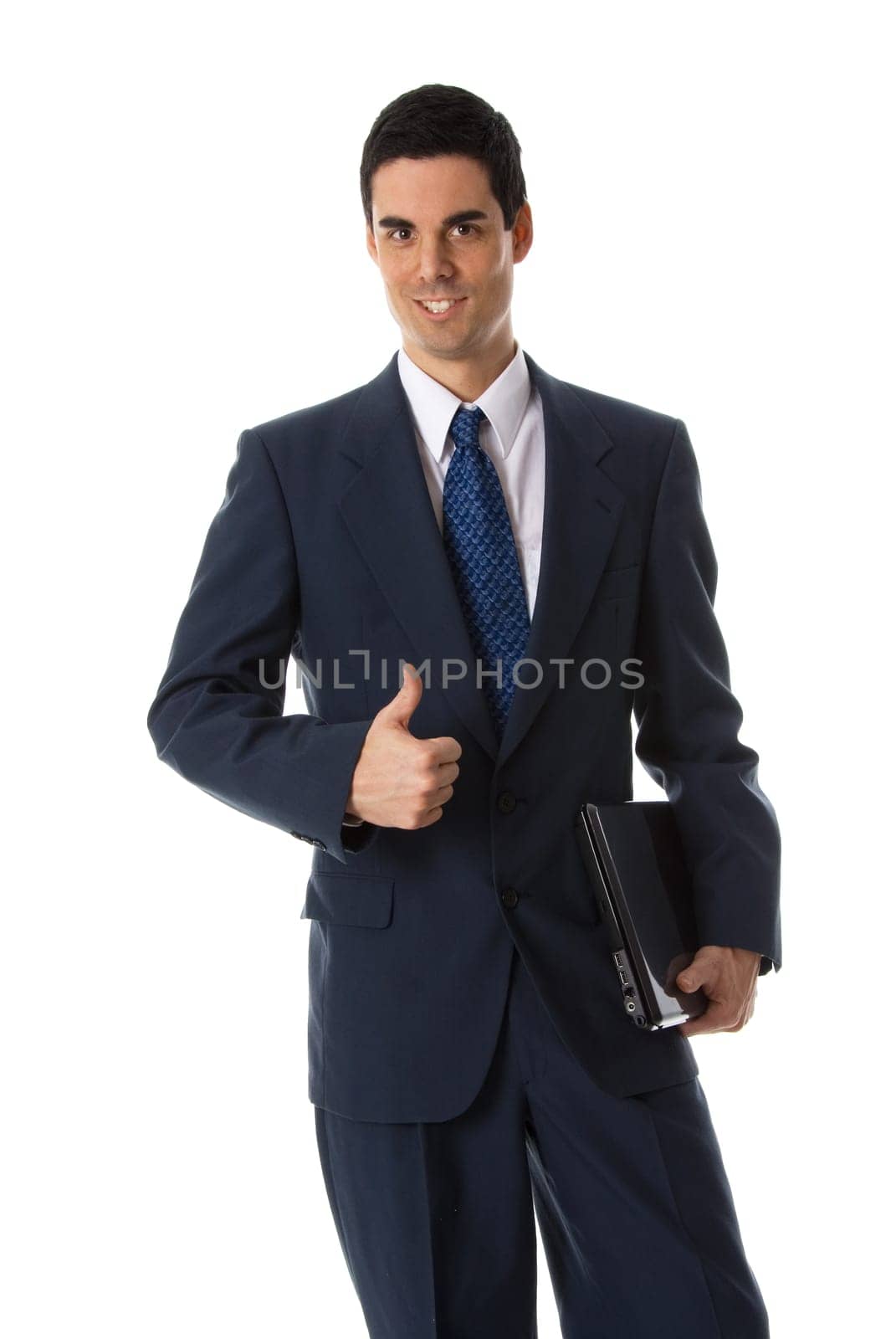 man in blue suit with laptop giving thumbs up