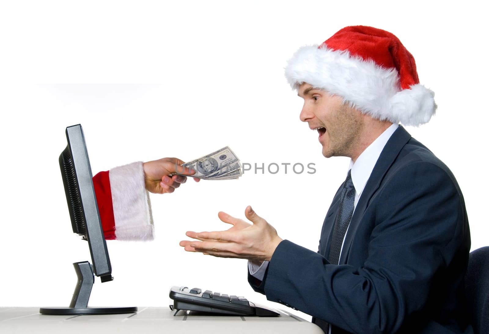man receiving a x-mas gift by internet via santa