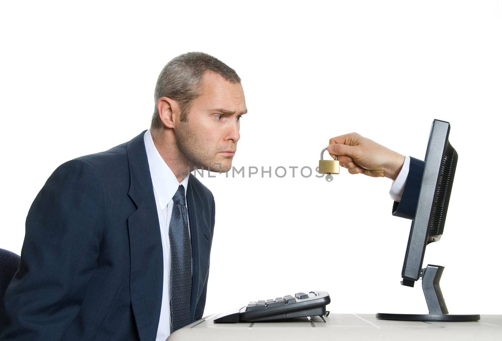 skeptic man in blue suit with internet security