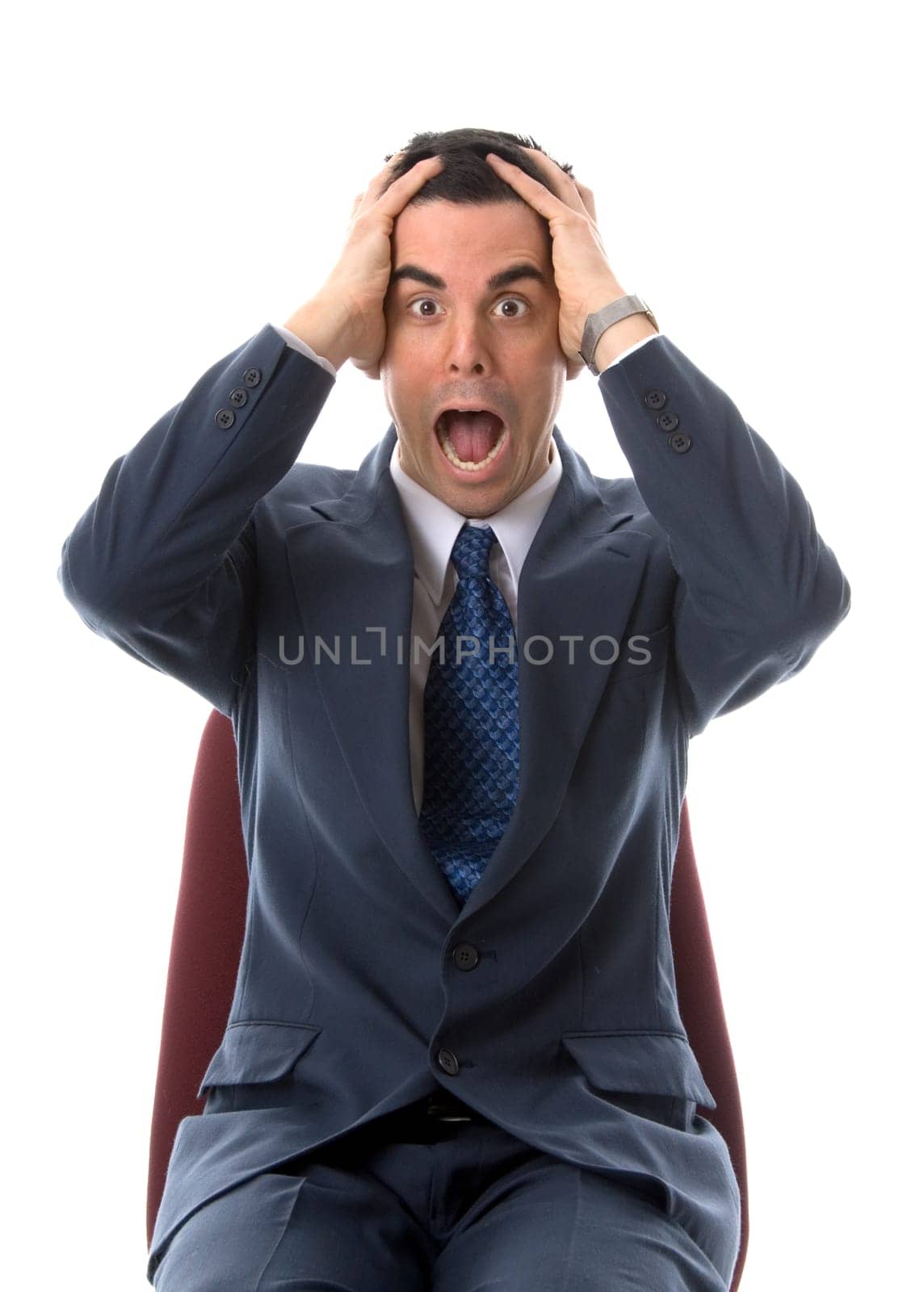 man in a blue suit full of stress