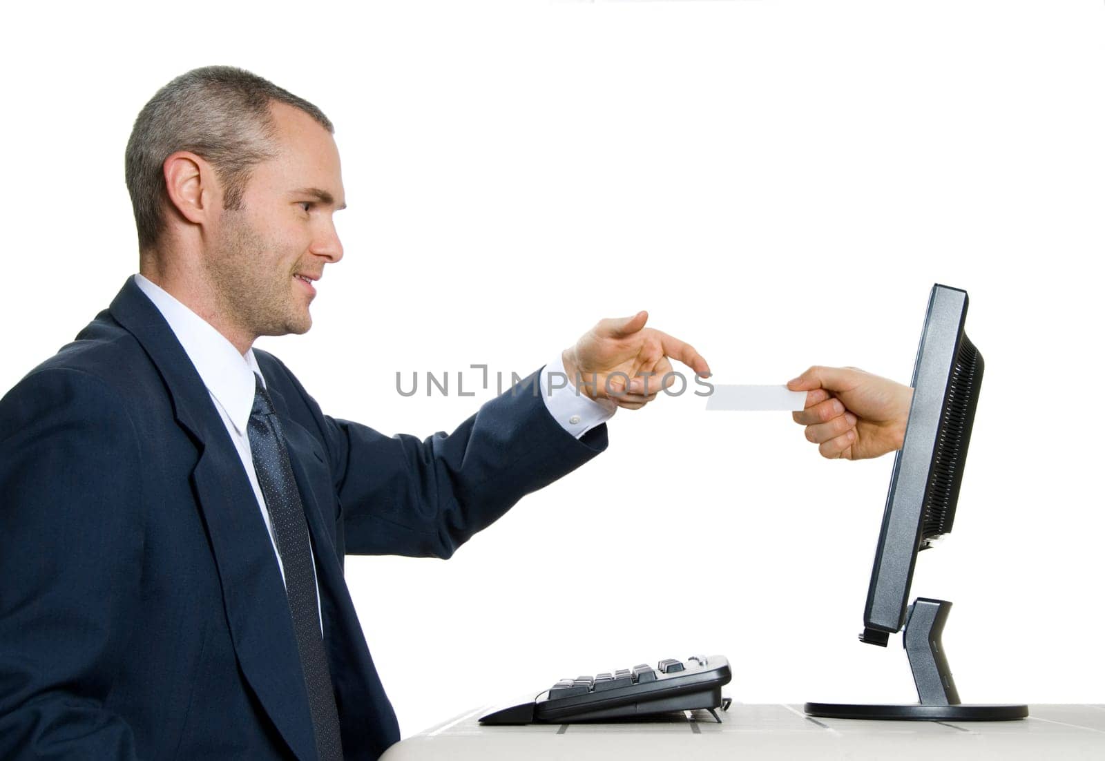 virtual hand giving a blank car to man in suit