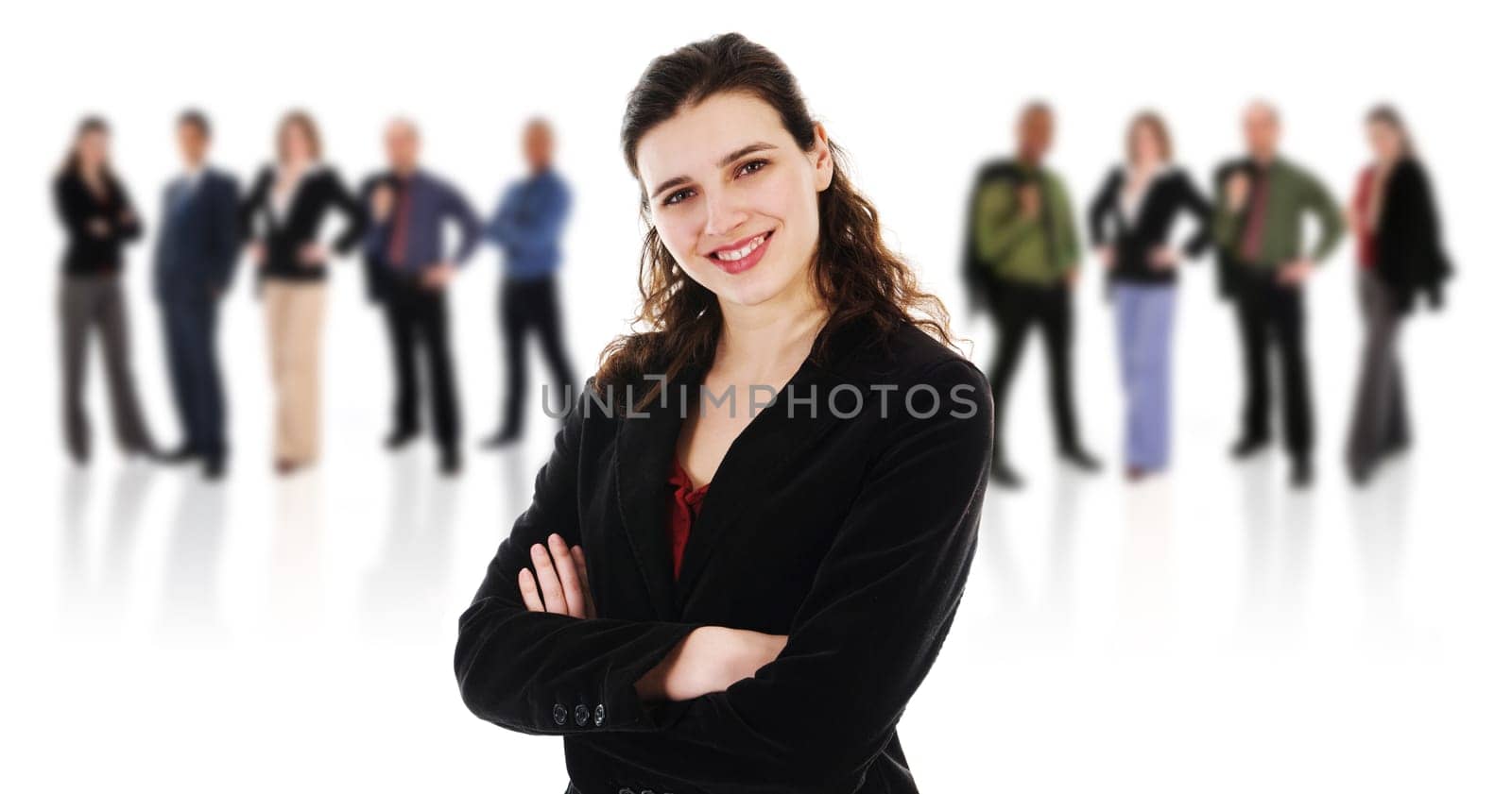 happy business woman on an isolated white background with business team