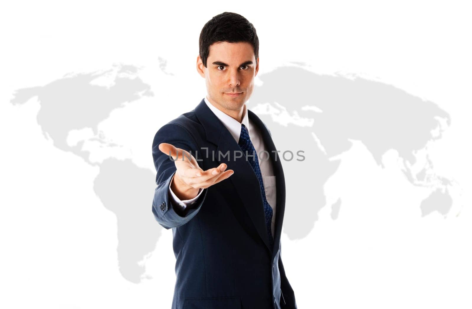 businessman in blue suit with world map