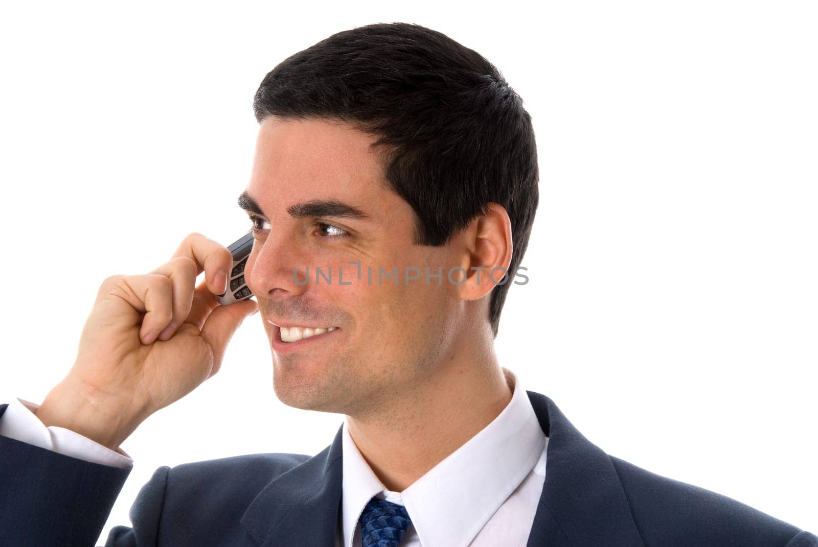 man on the business phone being happy on white