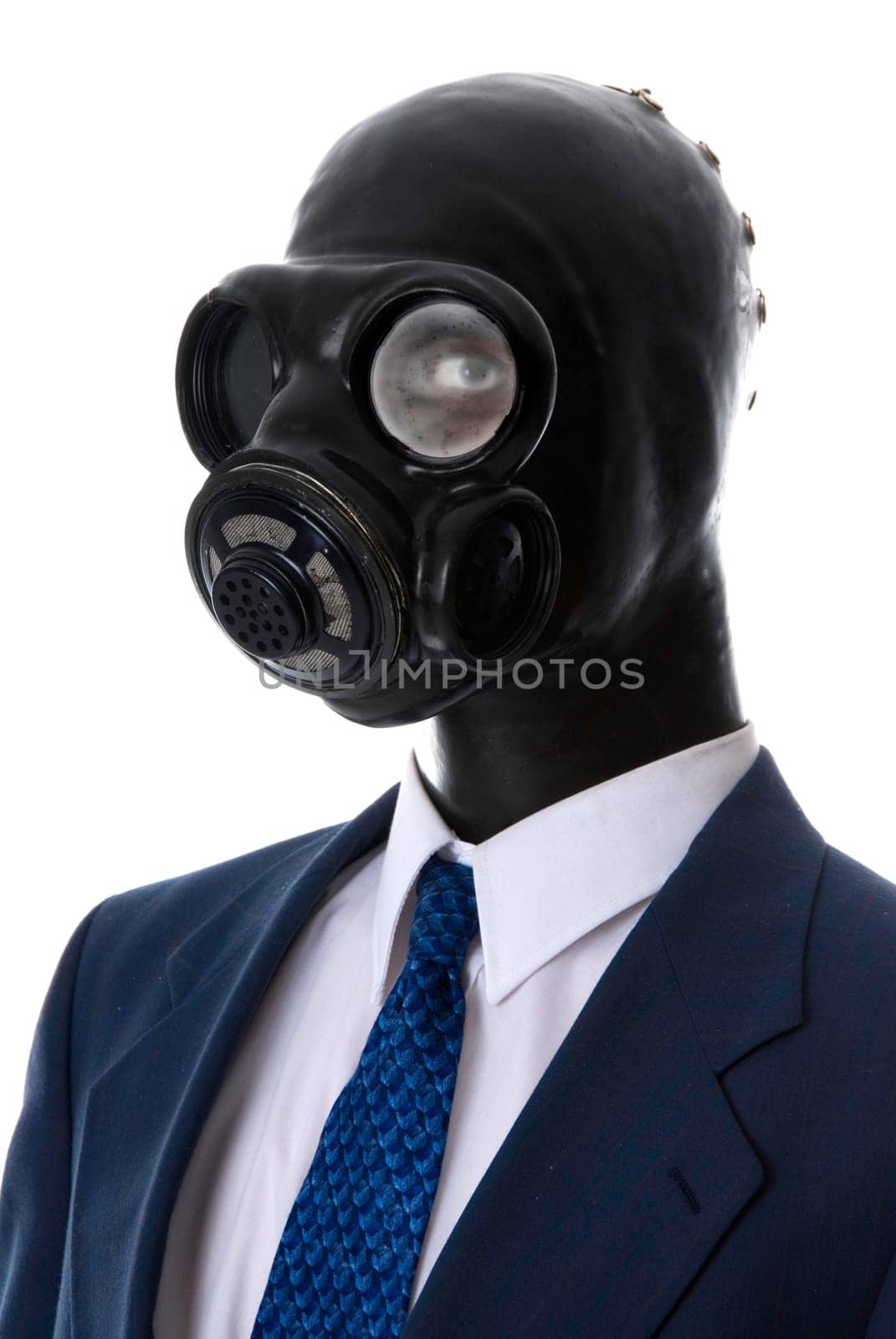 man in a blue suit with a latex mask wide angle