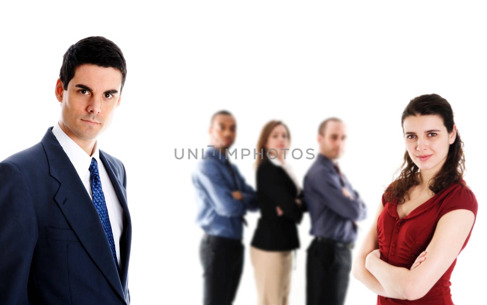 man in blue suit on isolated white with team