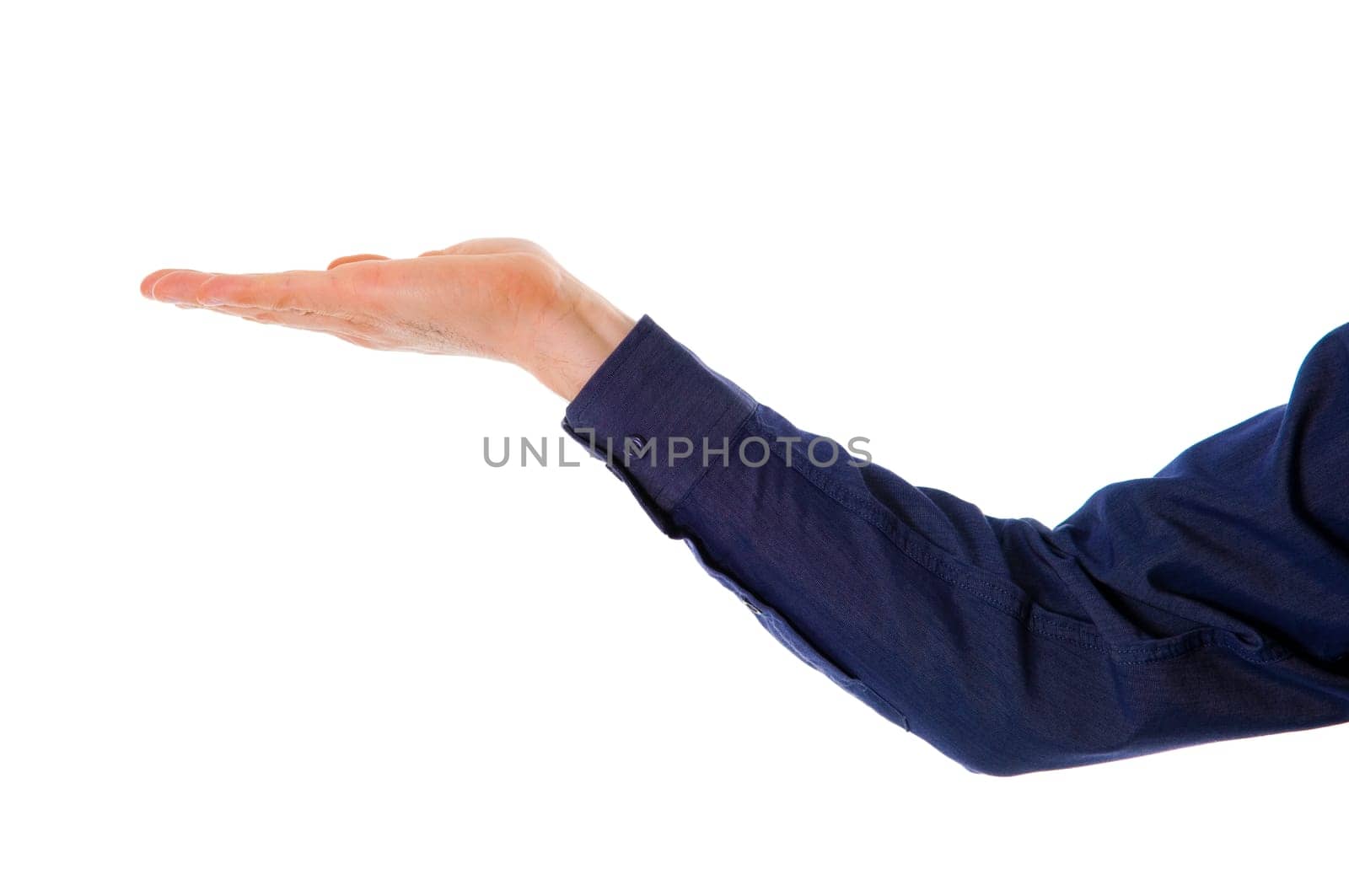 business man holding and empty hand up on white