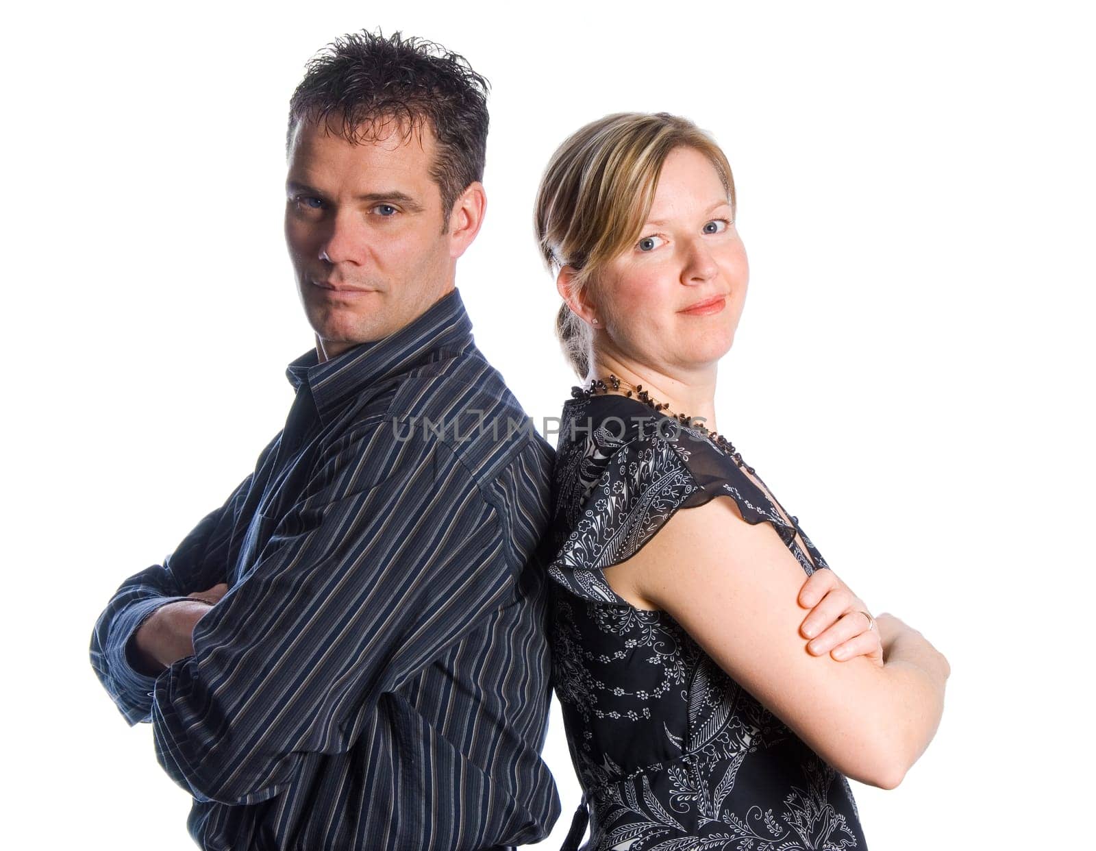two business partners on white background back to back