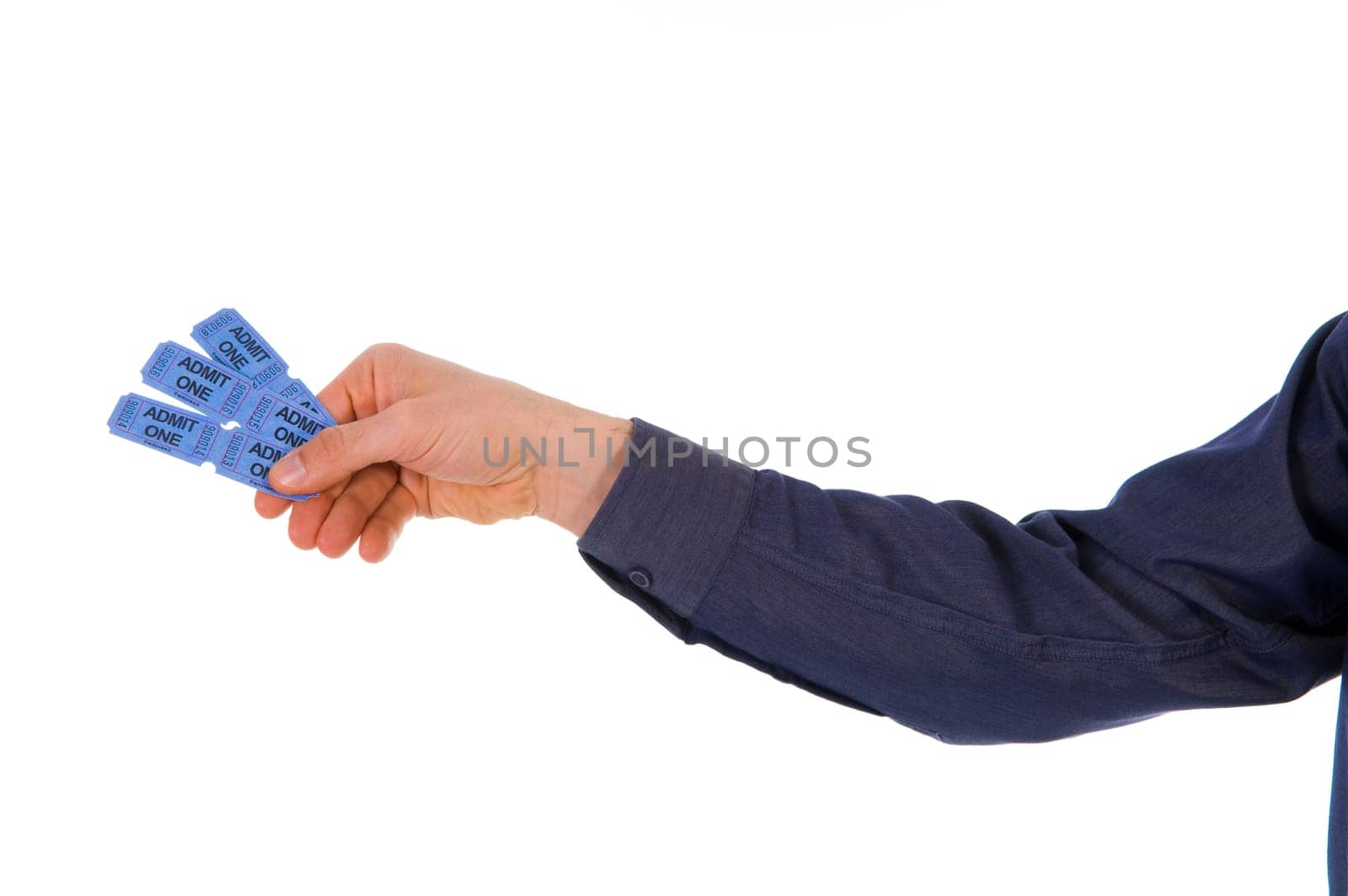 man giving some blue movie tickets on white