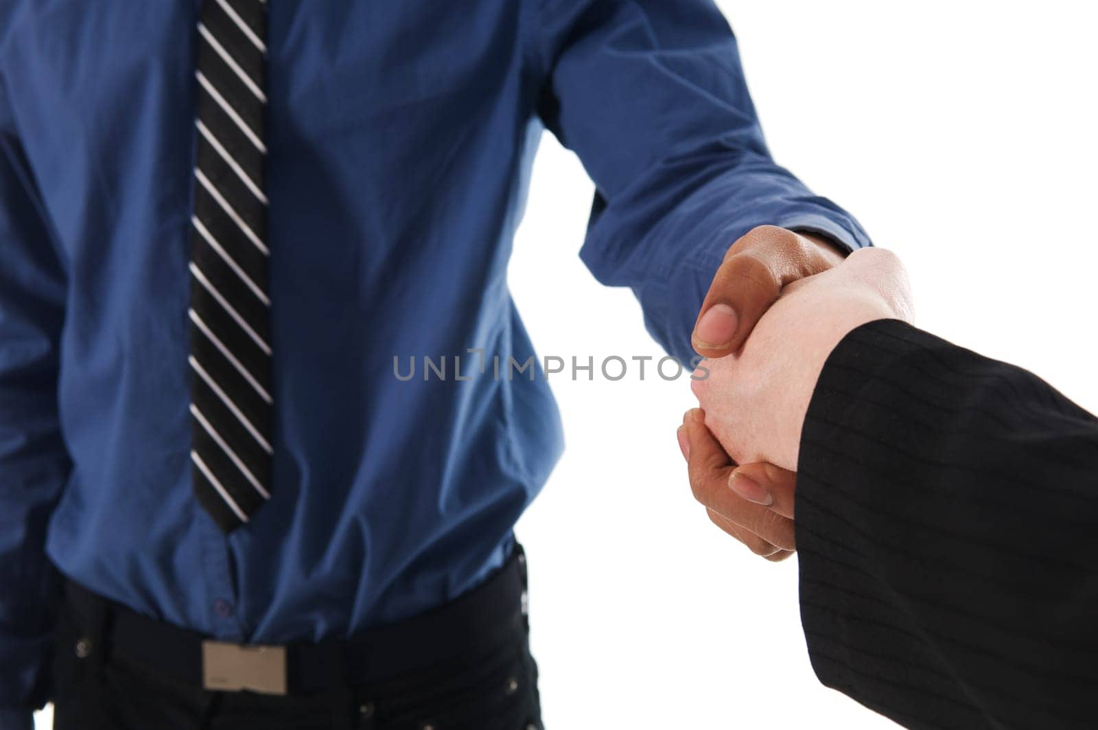 businessman shaking hands with colleague on white