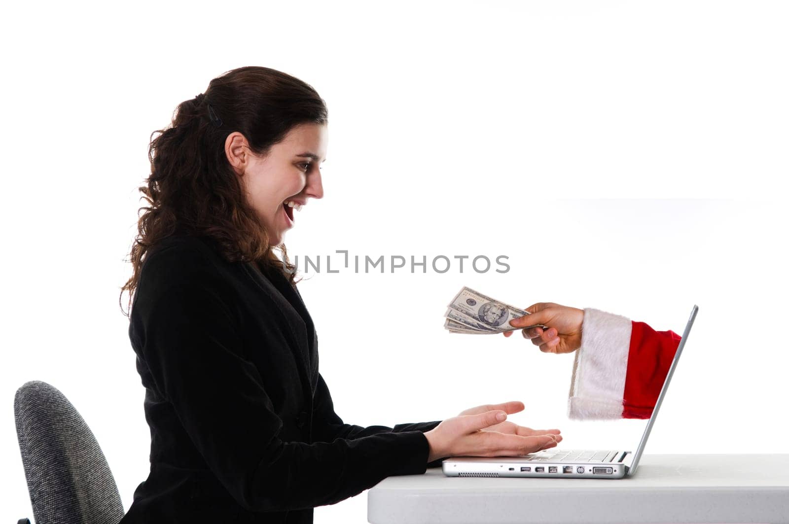 woman receiving a christmas gift by internet via santa