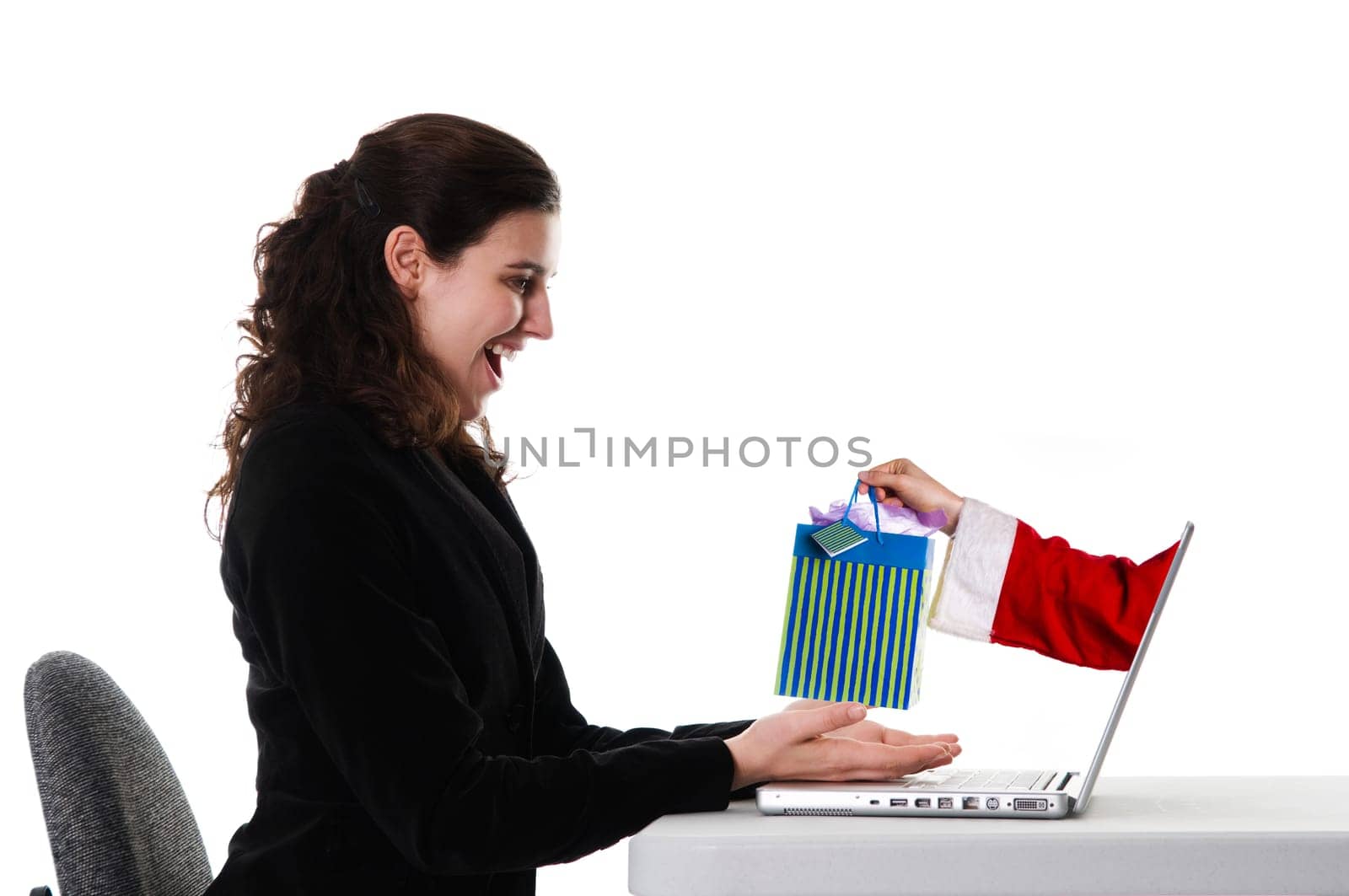 business woman getting a christmas gift via the Internet