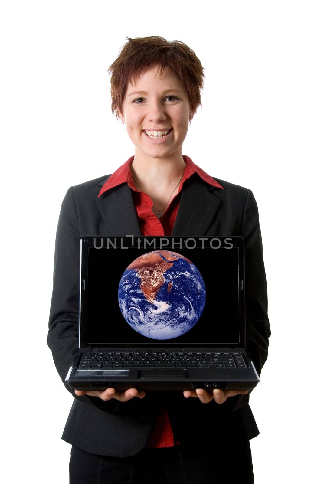 woman in black jacket holding a laptop