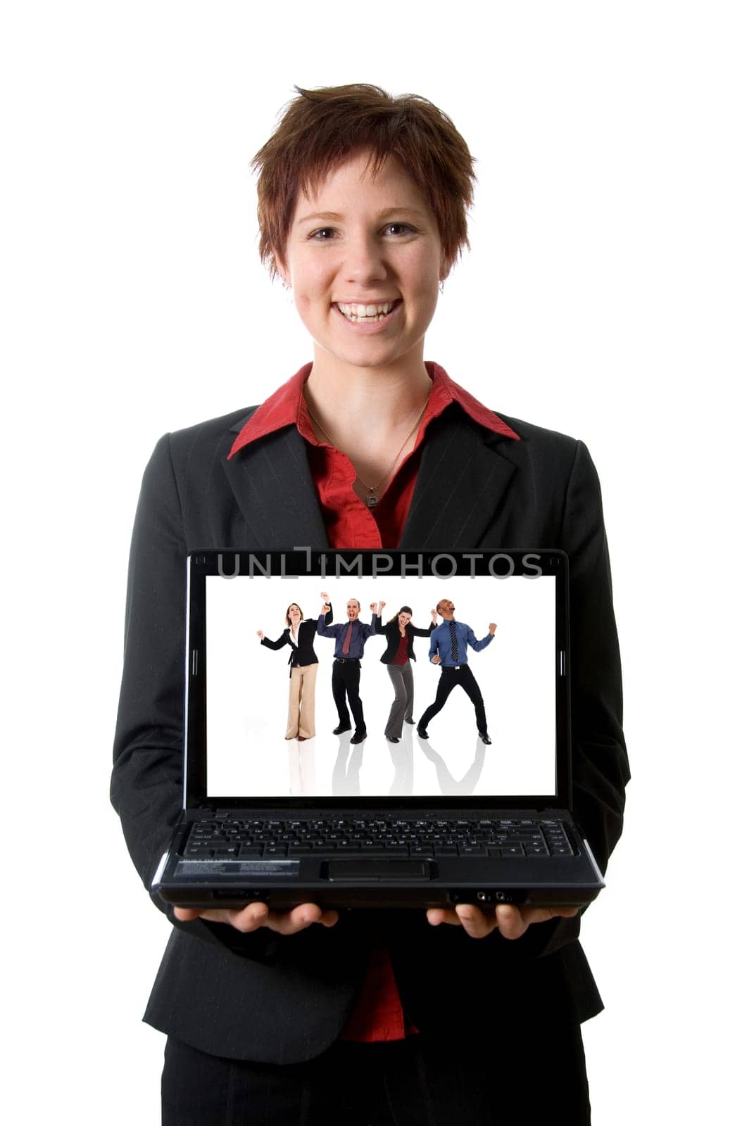 woman in black jacket holding a latop