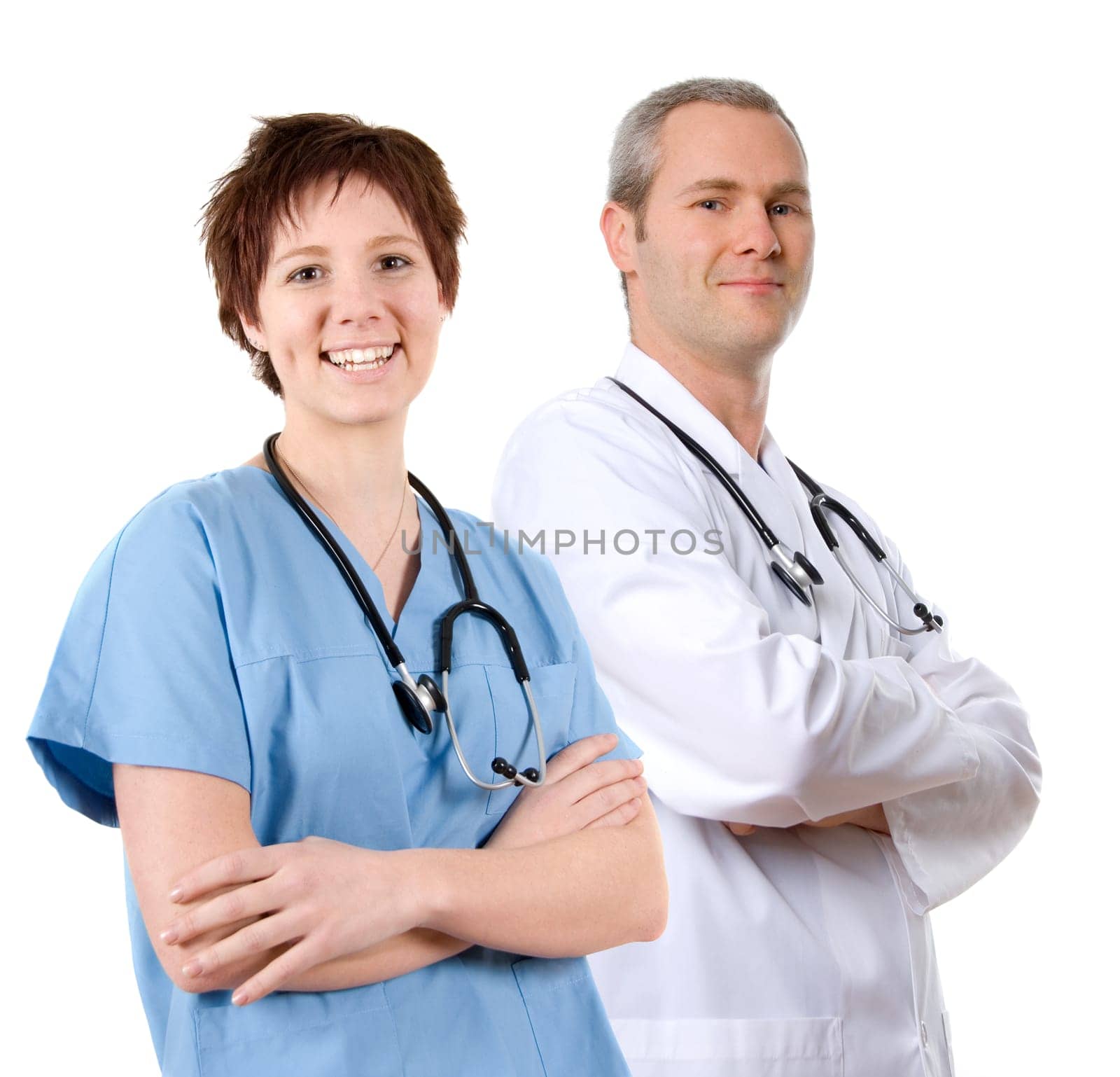 happy male doctor in lab coat on white