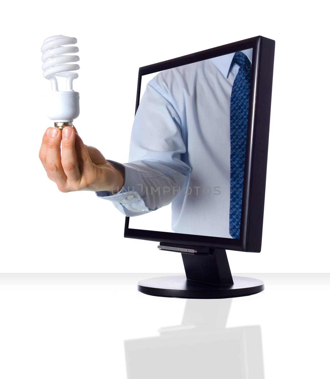 A hand sticking out of a computer monitor