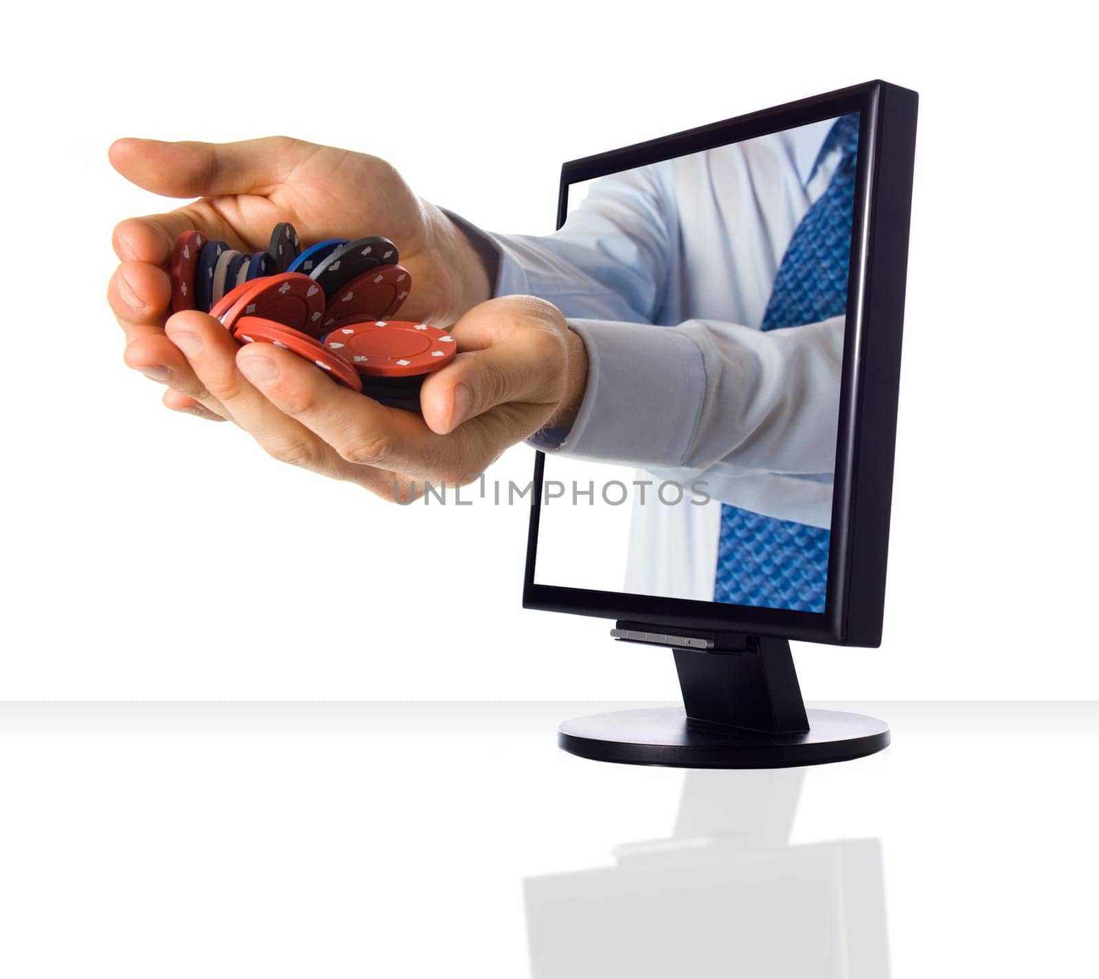 Hands poping out of a monitor with casino chips