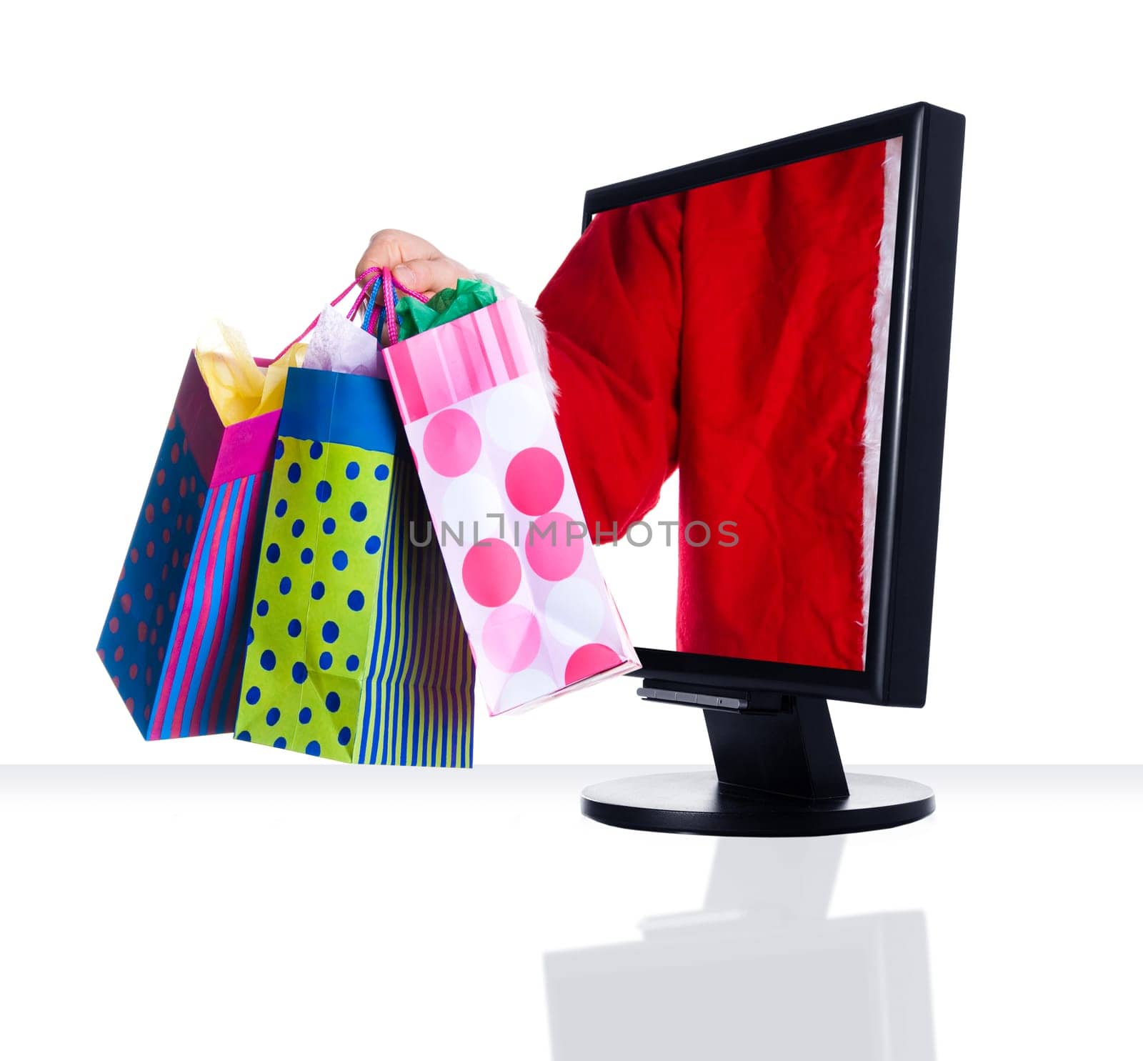 a computer flat screen monitor in black with santa