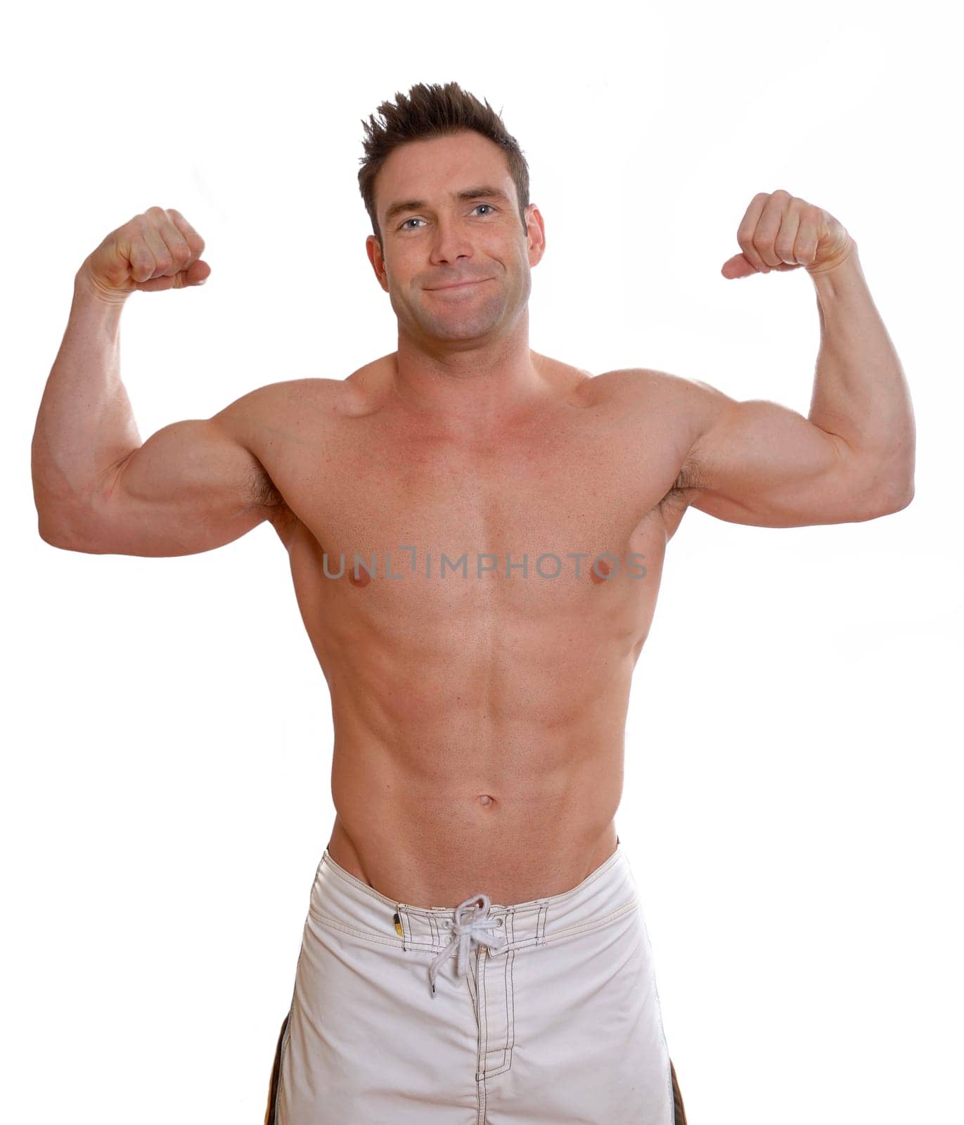 shirless man with big muscles flexing biceps