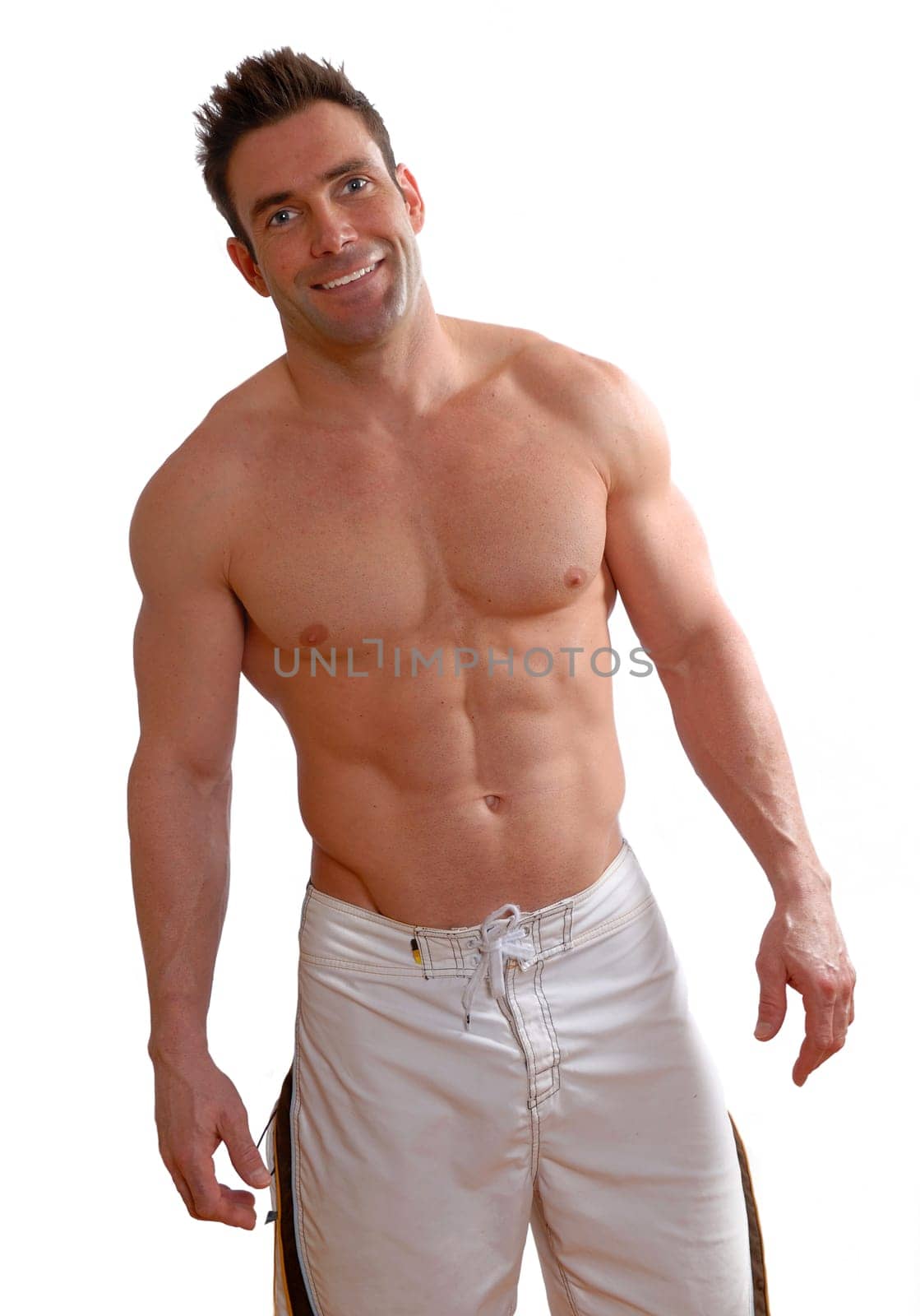 shirtless man with big muscles on white background